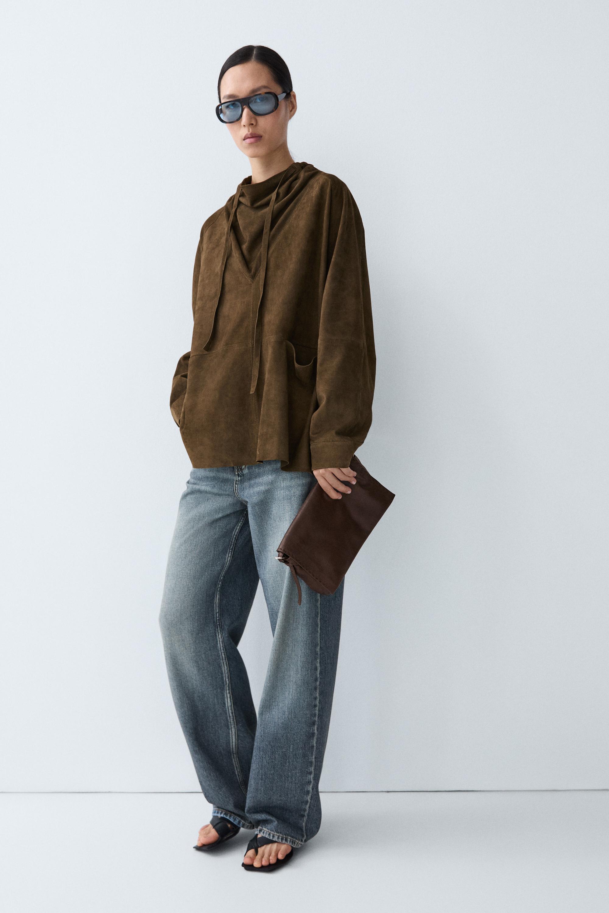 High-neck suede shirt — KHAKI