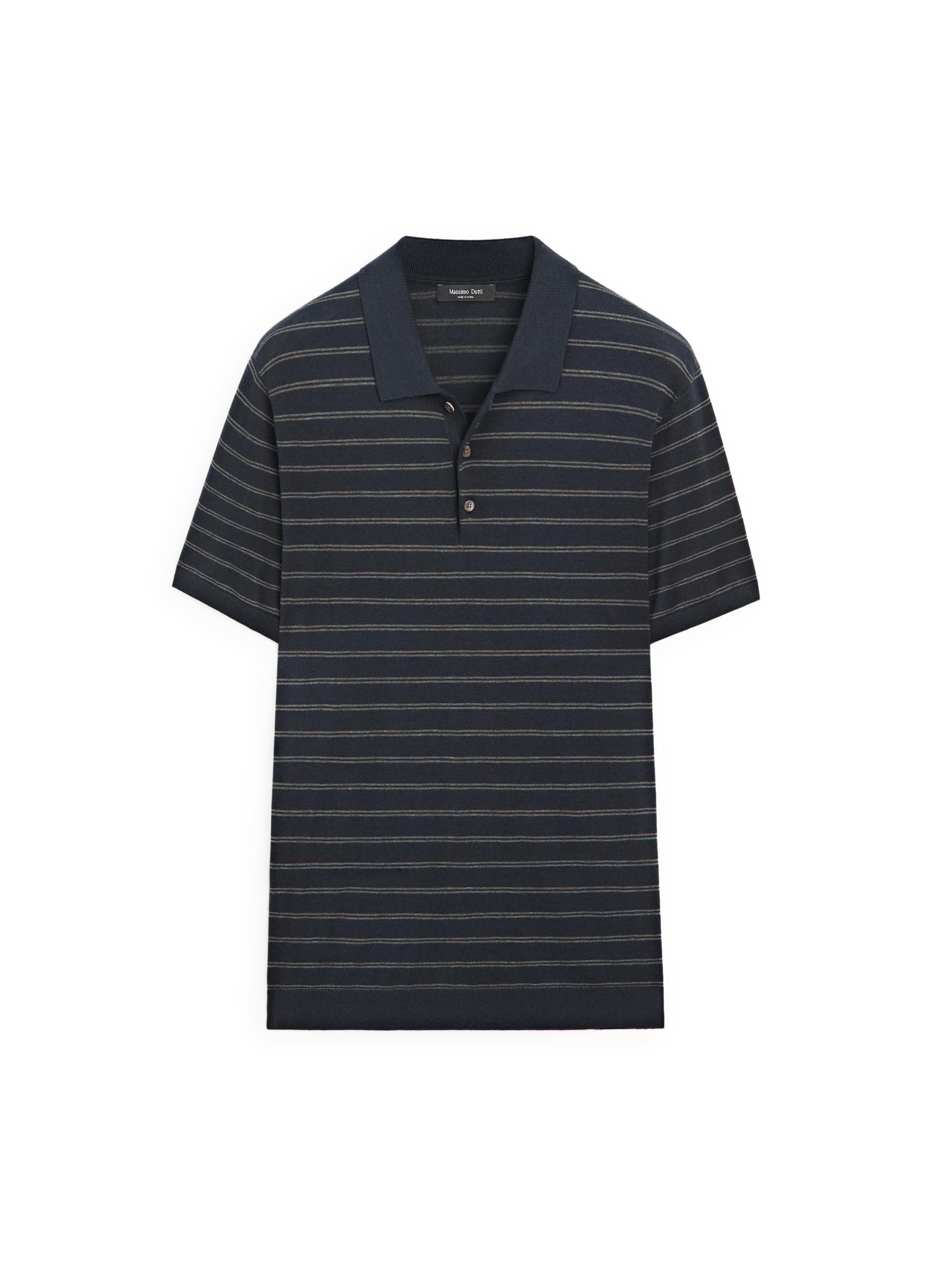 Cotton blend knit polo shirt with striped detail — NAVY BLUE