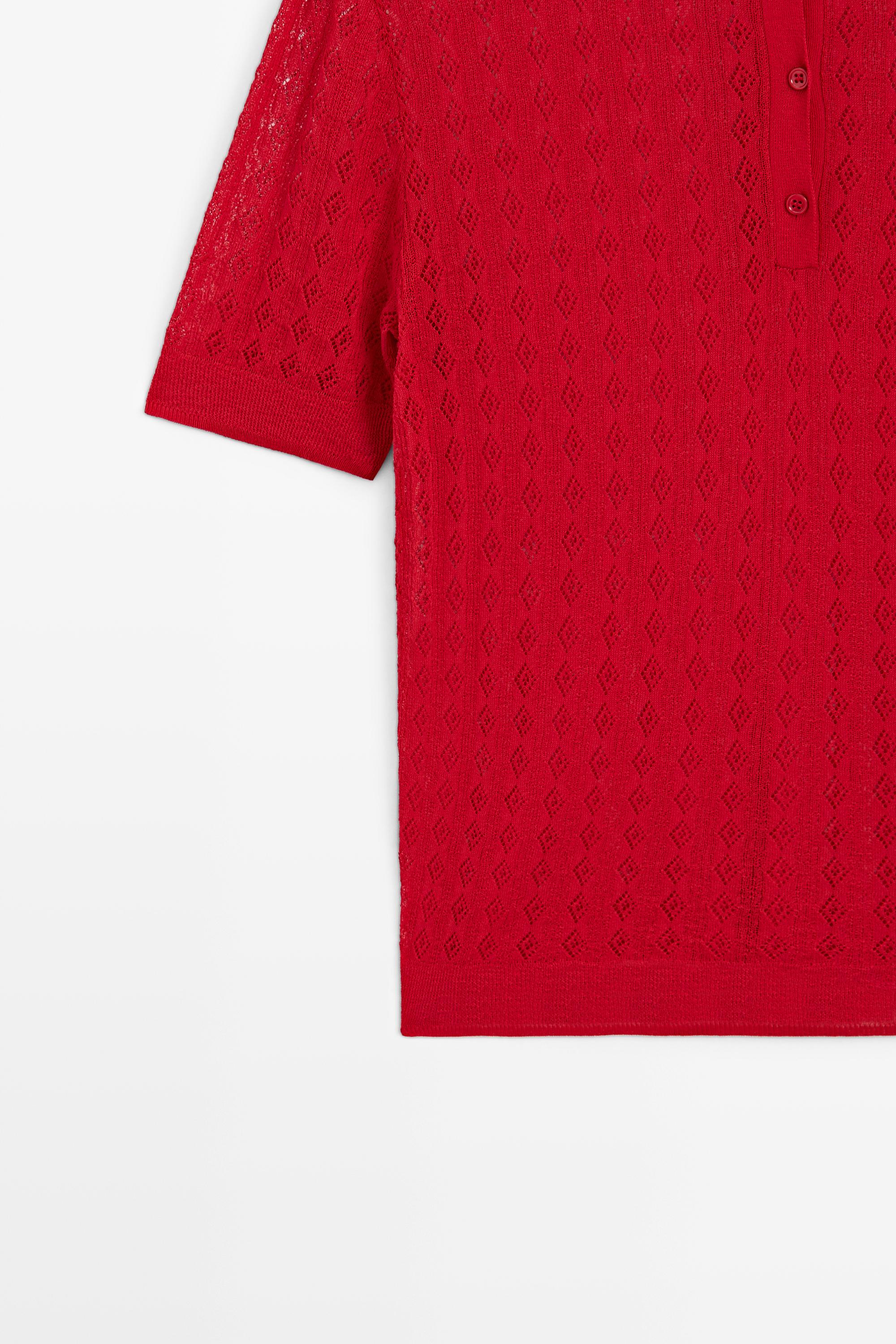 Open-knit polo sweater — RED