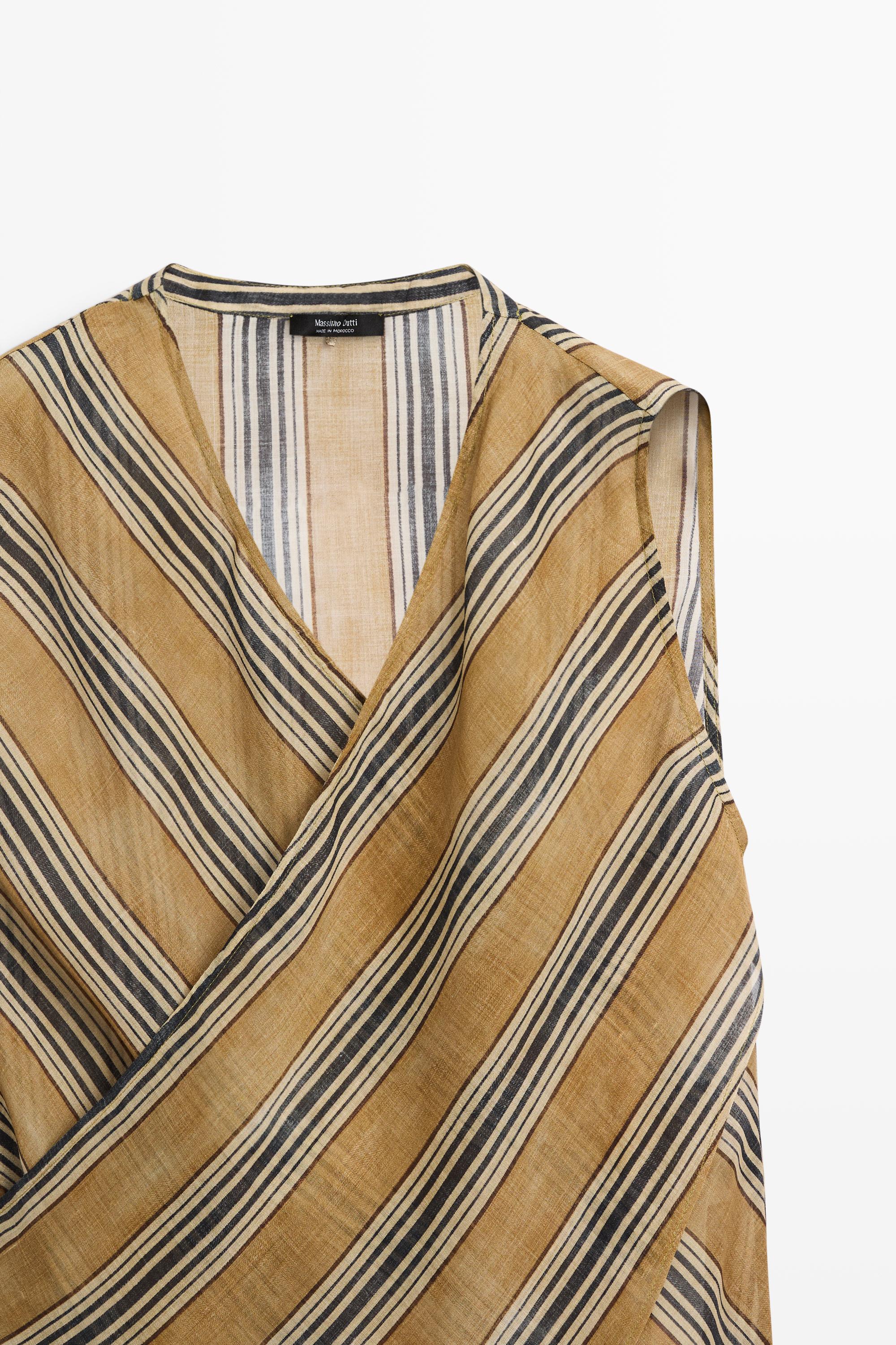 Flowing striped ramie blend wrap top — DARK YELLOW
