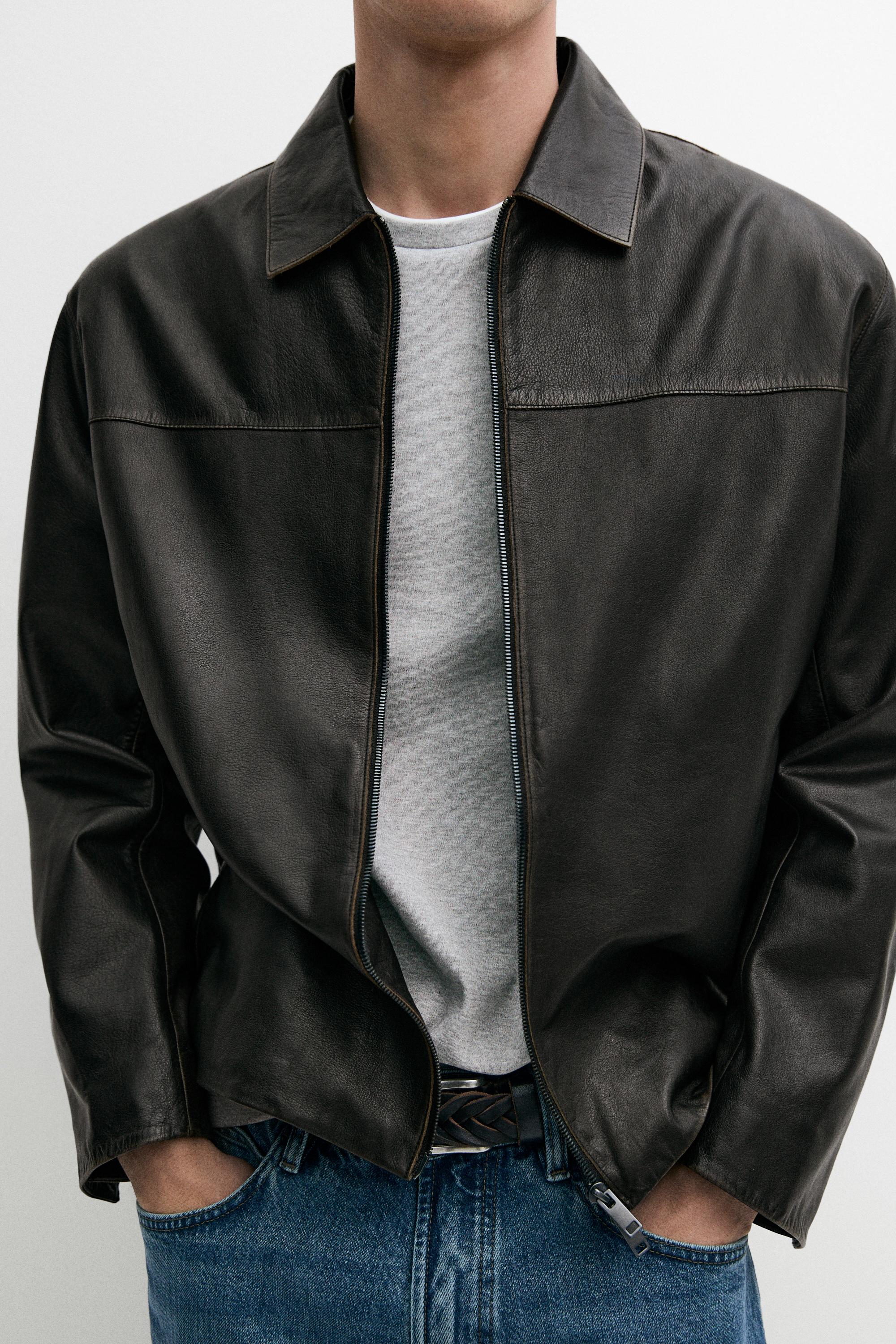 Distressed effect leather jacket — BROWN