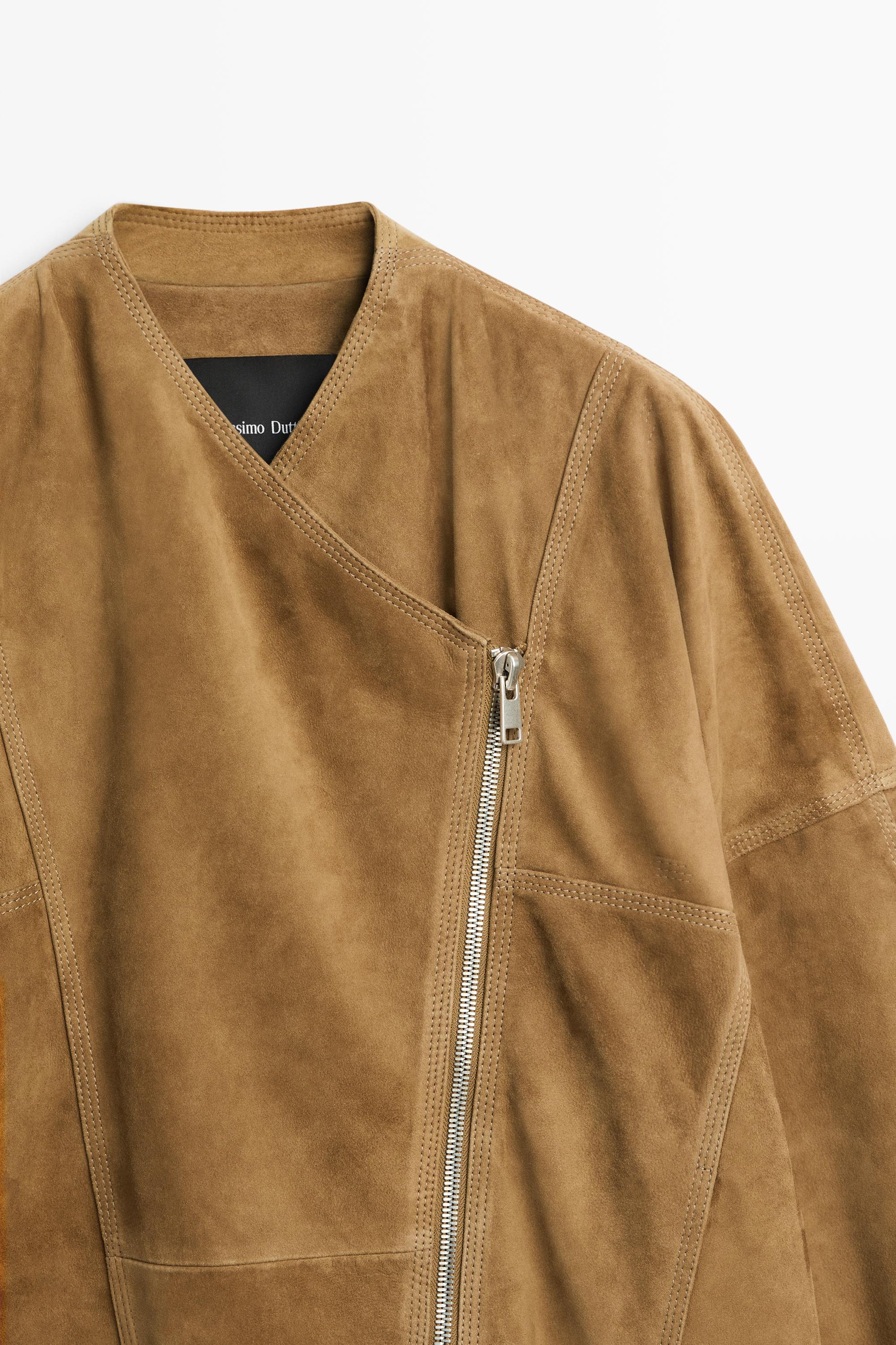 Asymmetrical suede leather zip-up jacket — Washed