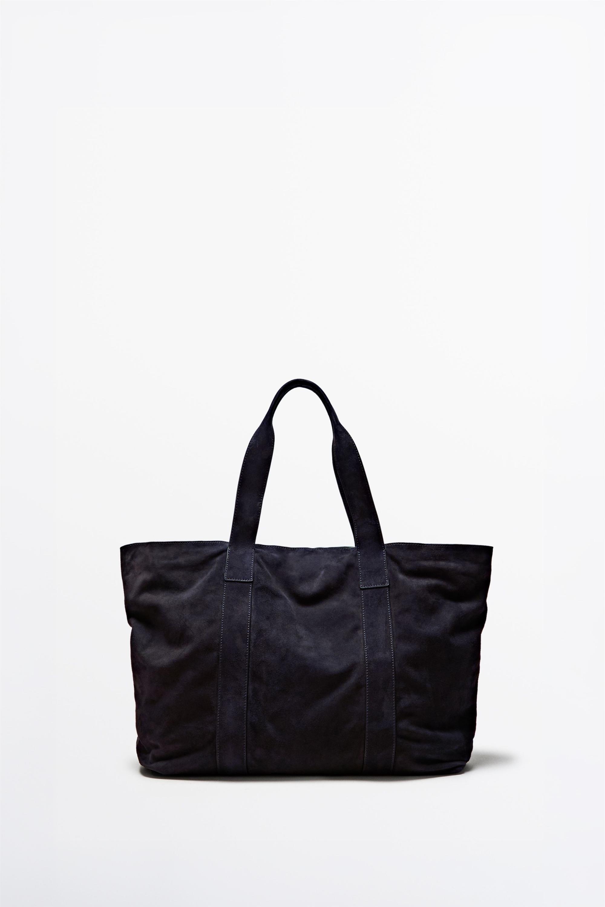 Split suede leather tote bag — NAVY BLUE