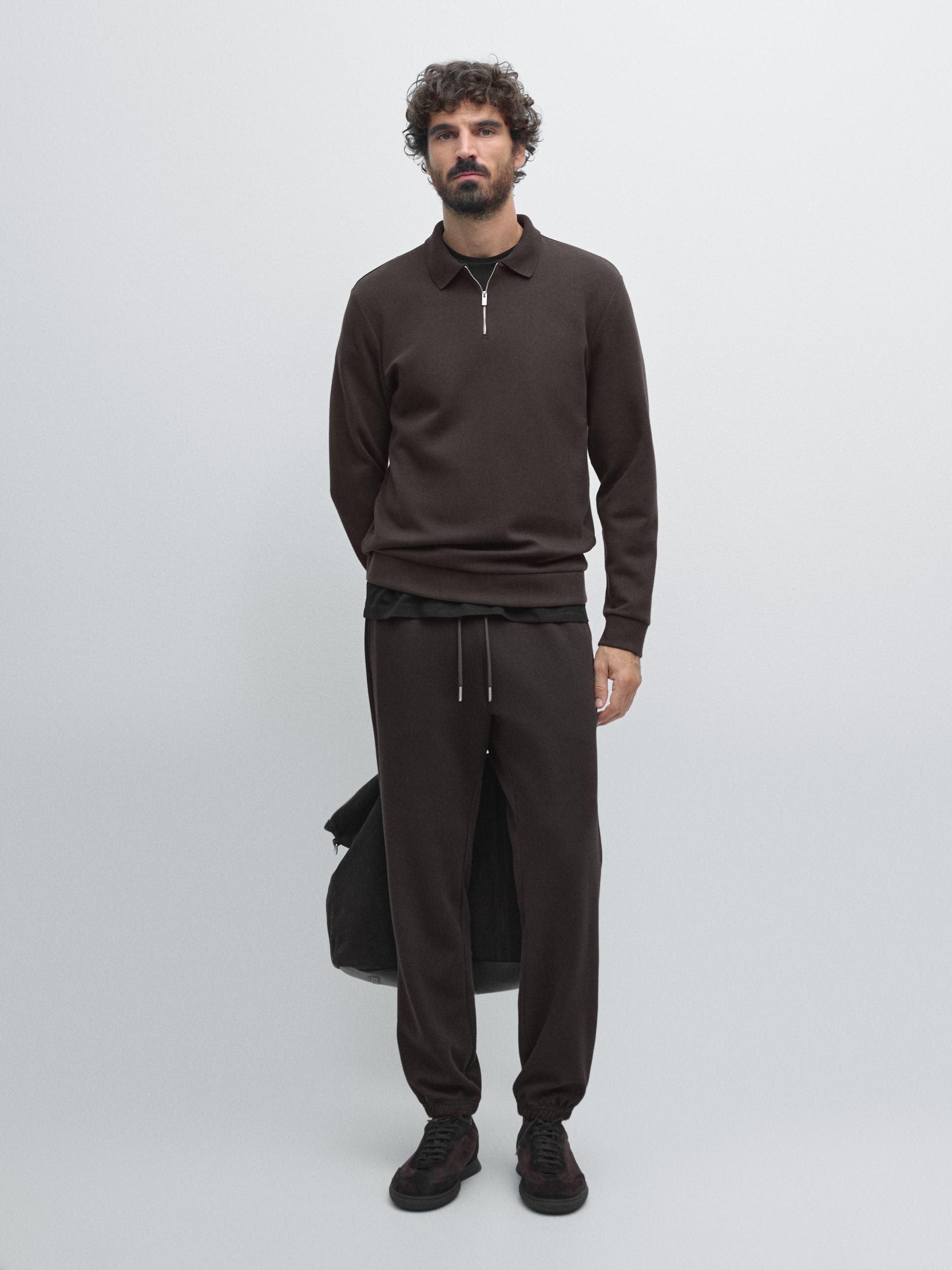 Polo A Maniche Lunghe Con Collo Con Cerniera - Cioccolato - S - Massimo Dutti - Maschile