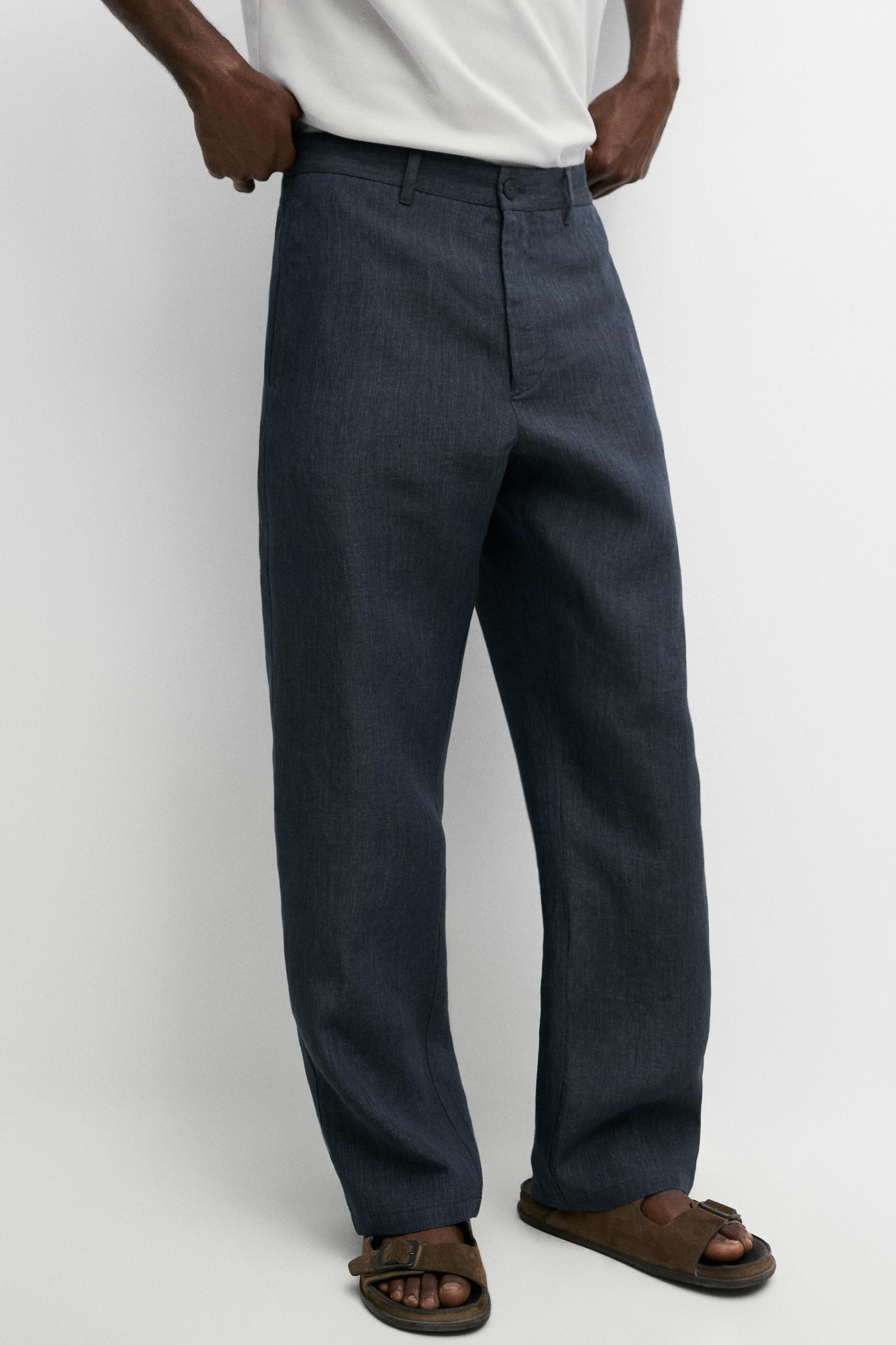 100% Linen Elastic-Waist Pants — NAVY BLUE