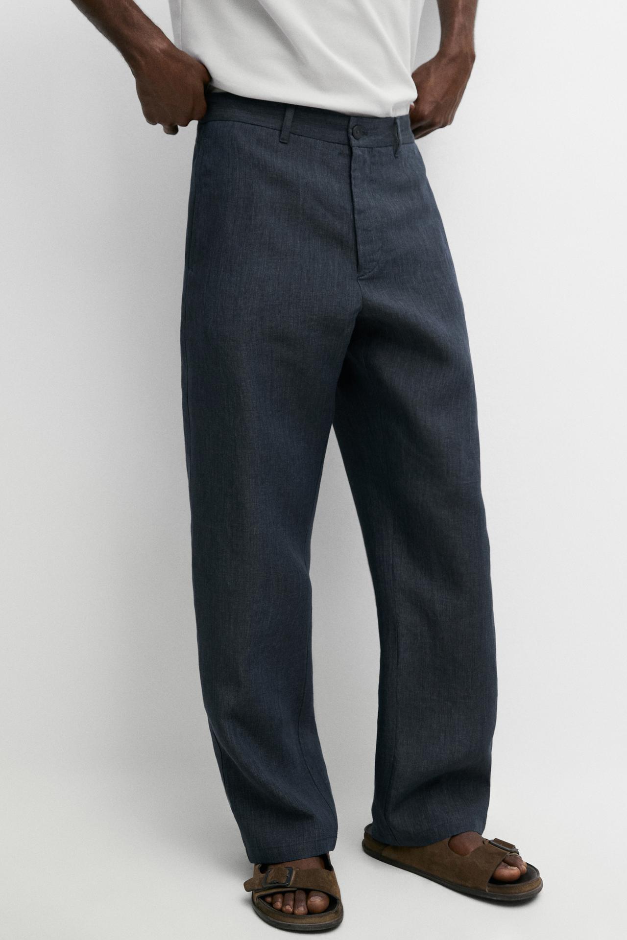 100% Linen Elastic-Waist Pants — NAVY BLUE