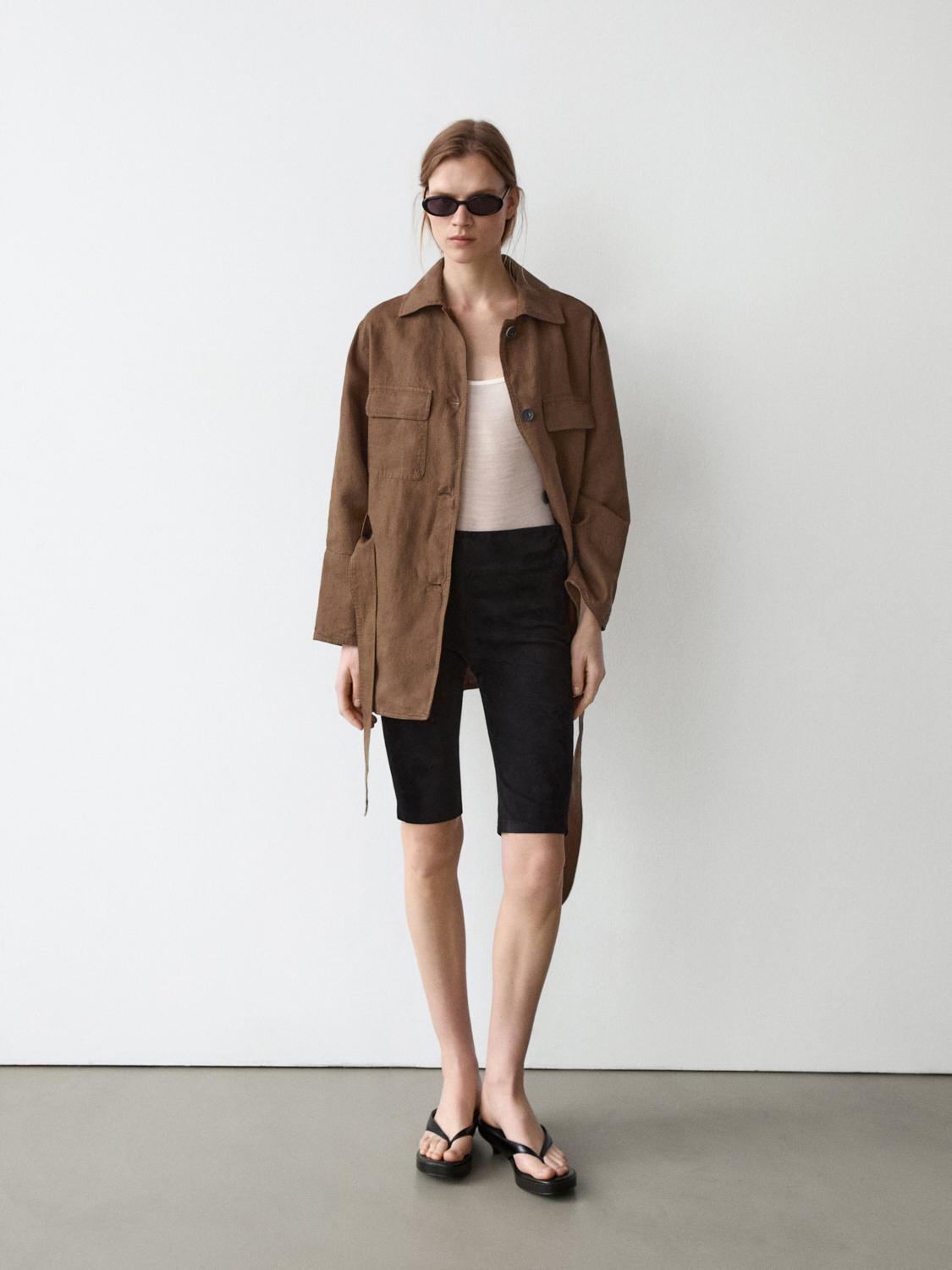 100% linen blazer with pockets and belt detail — BROWN