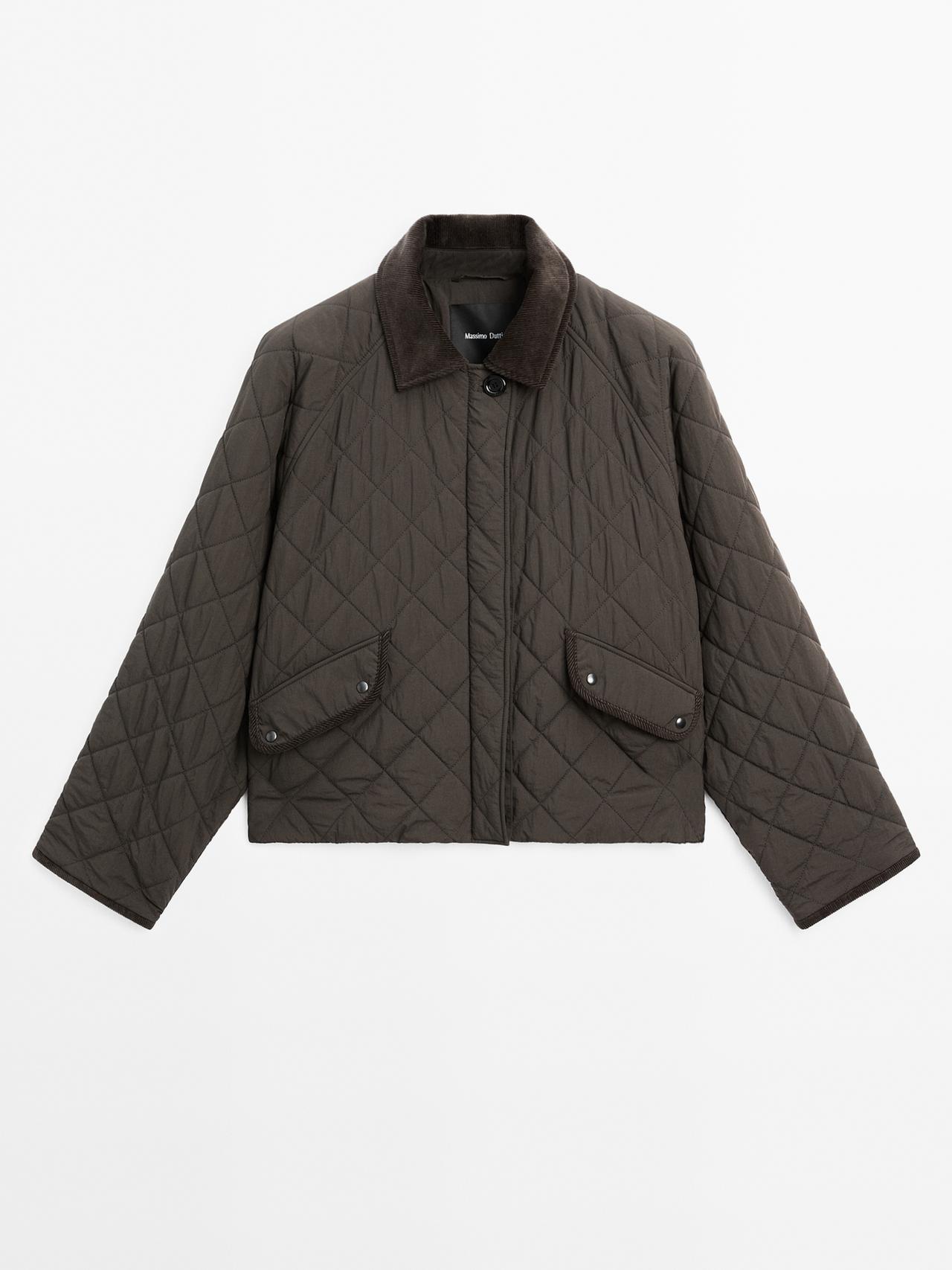 Massimo Dutti - Dames - Kort Waterafstotend Jack Met Corduroy Detail - Kaki - S