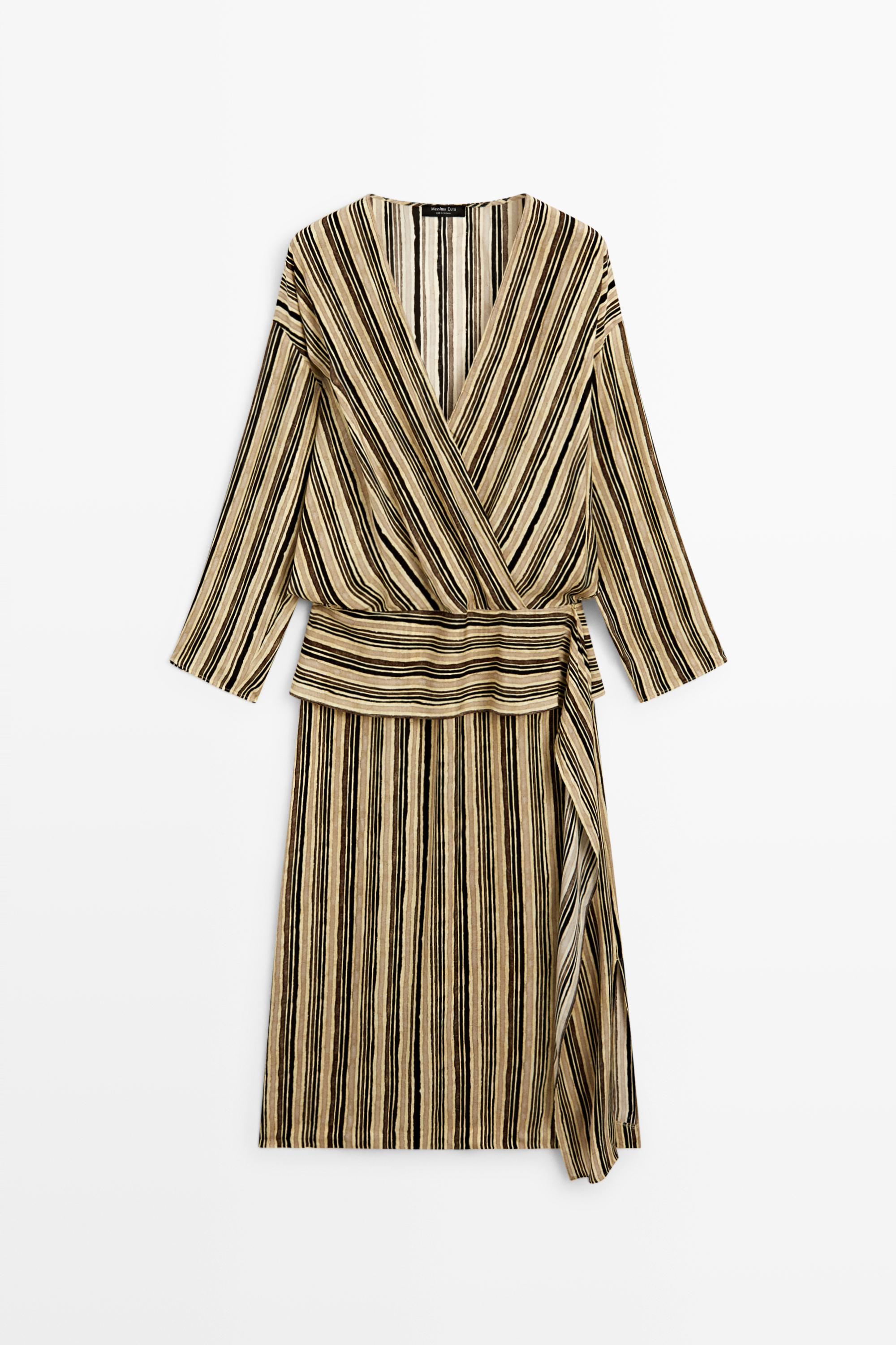 Striped midi dress with corset belt — Mustard
