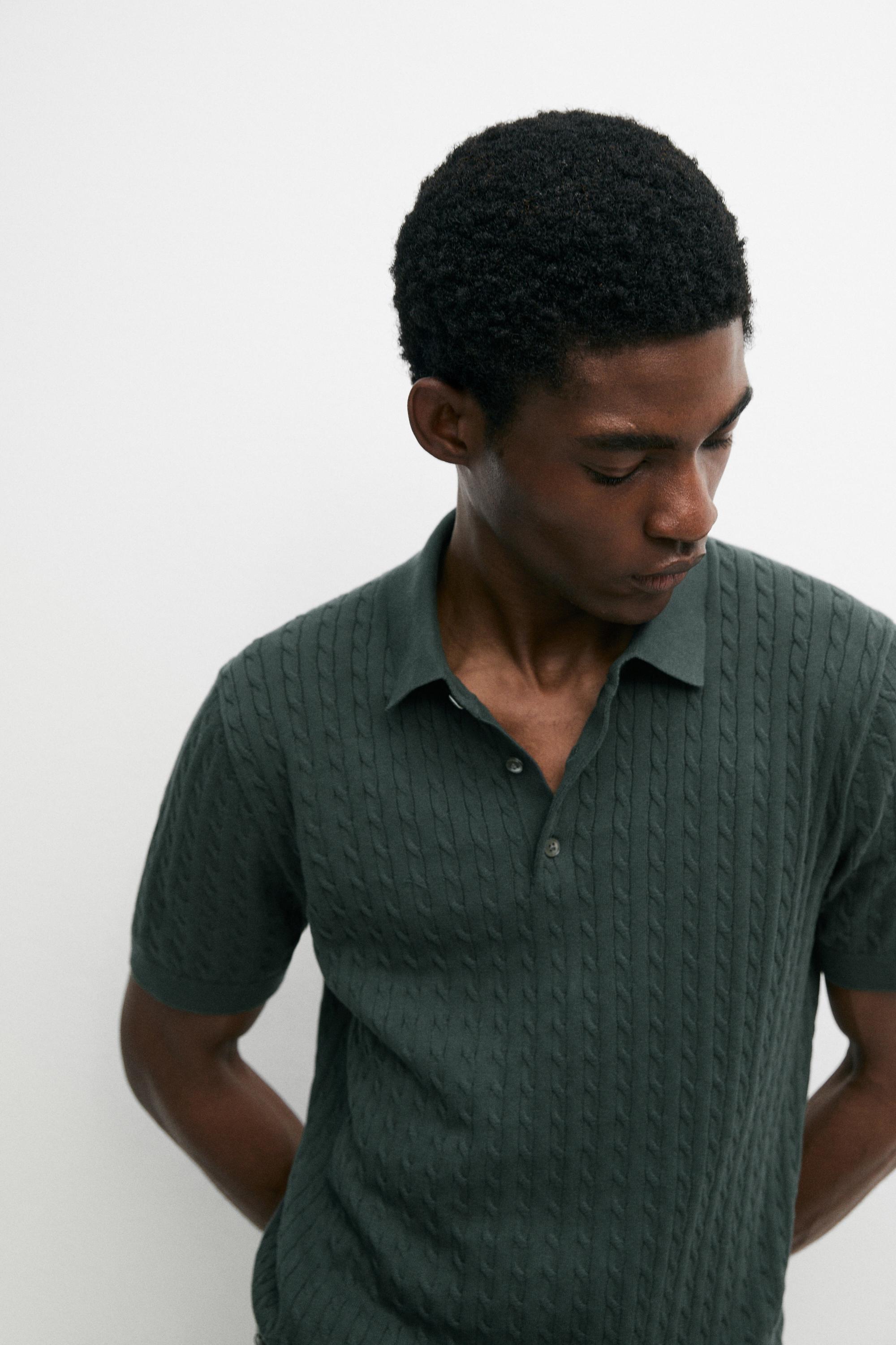 100% cotton cable-knit polo shirt — DARK BOTTLE GREEN