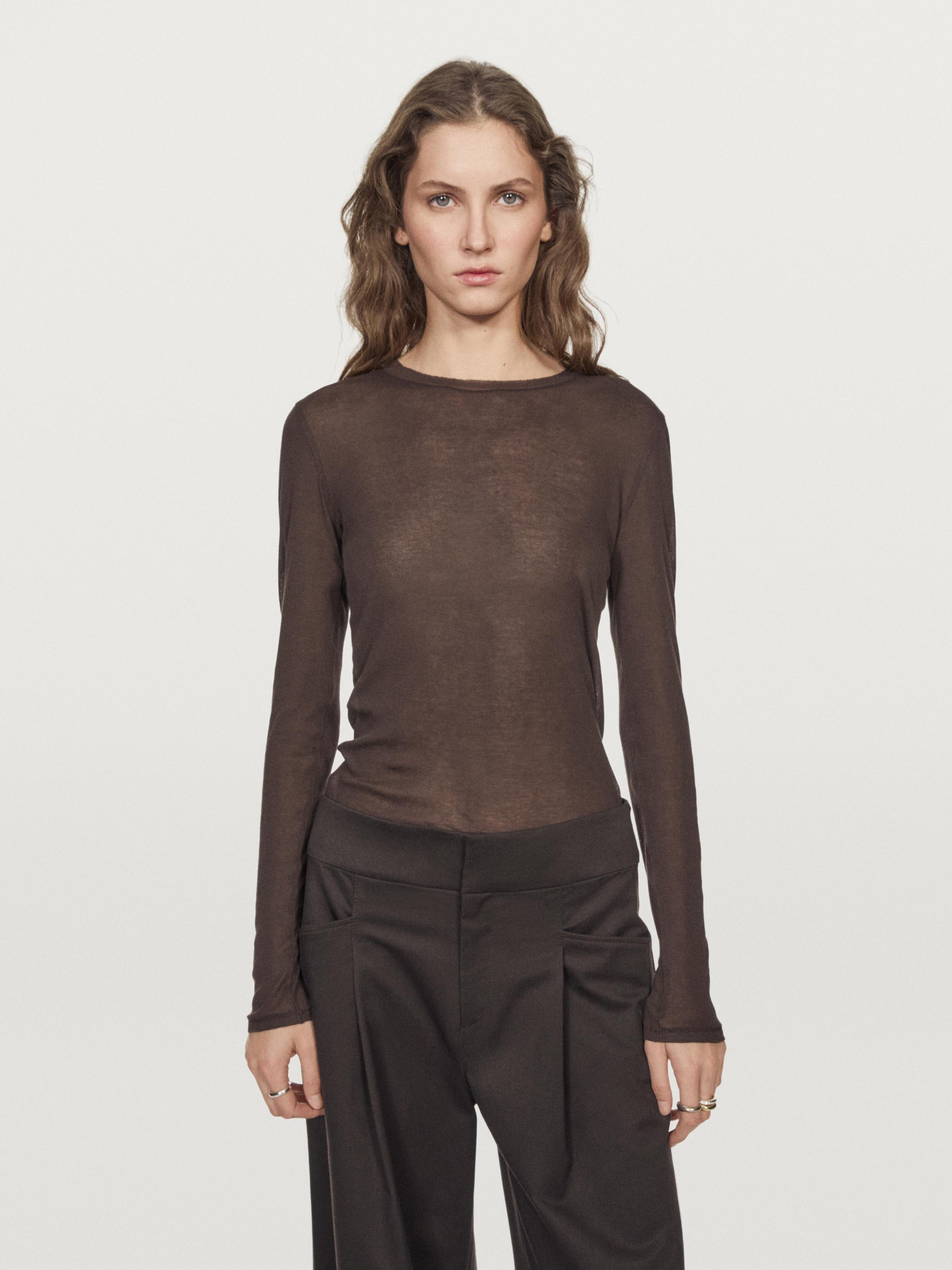 100% cotton semi-sheer T-shirt with collar detail — BROWN