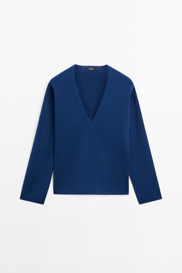 Striped V-neck knit sweater — NAVY BLUE 2