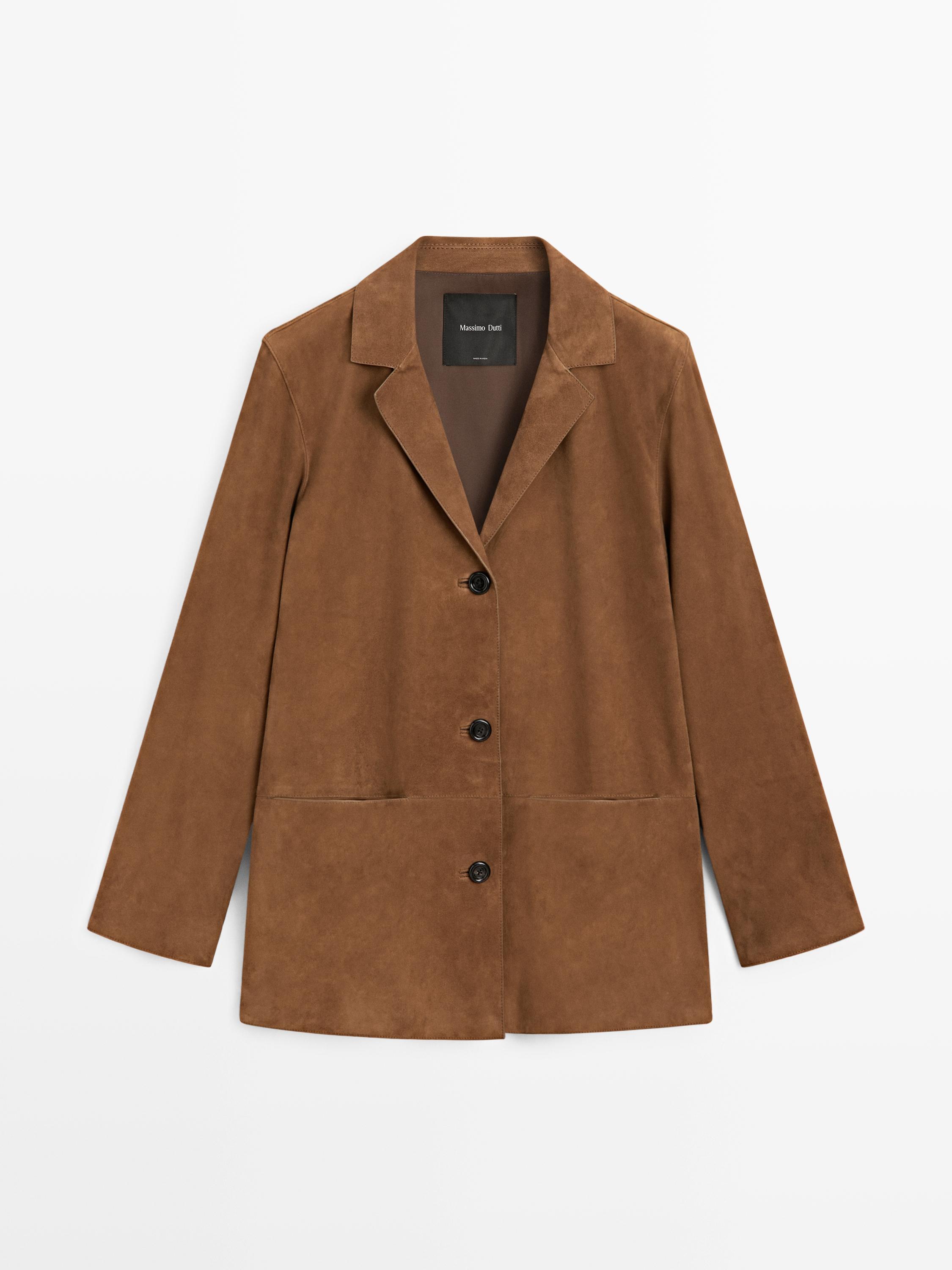 100% suede leather blazer with lapel collar — BROWN