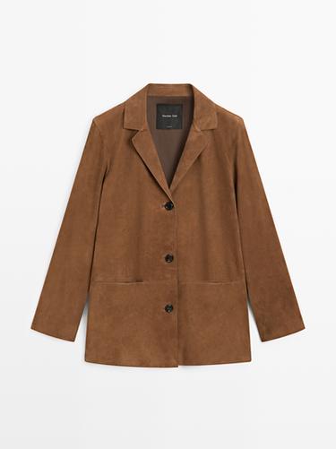 100% suede leather blazer with lapel collar — BROWN 2