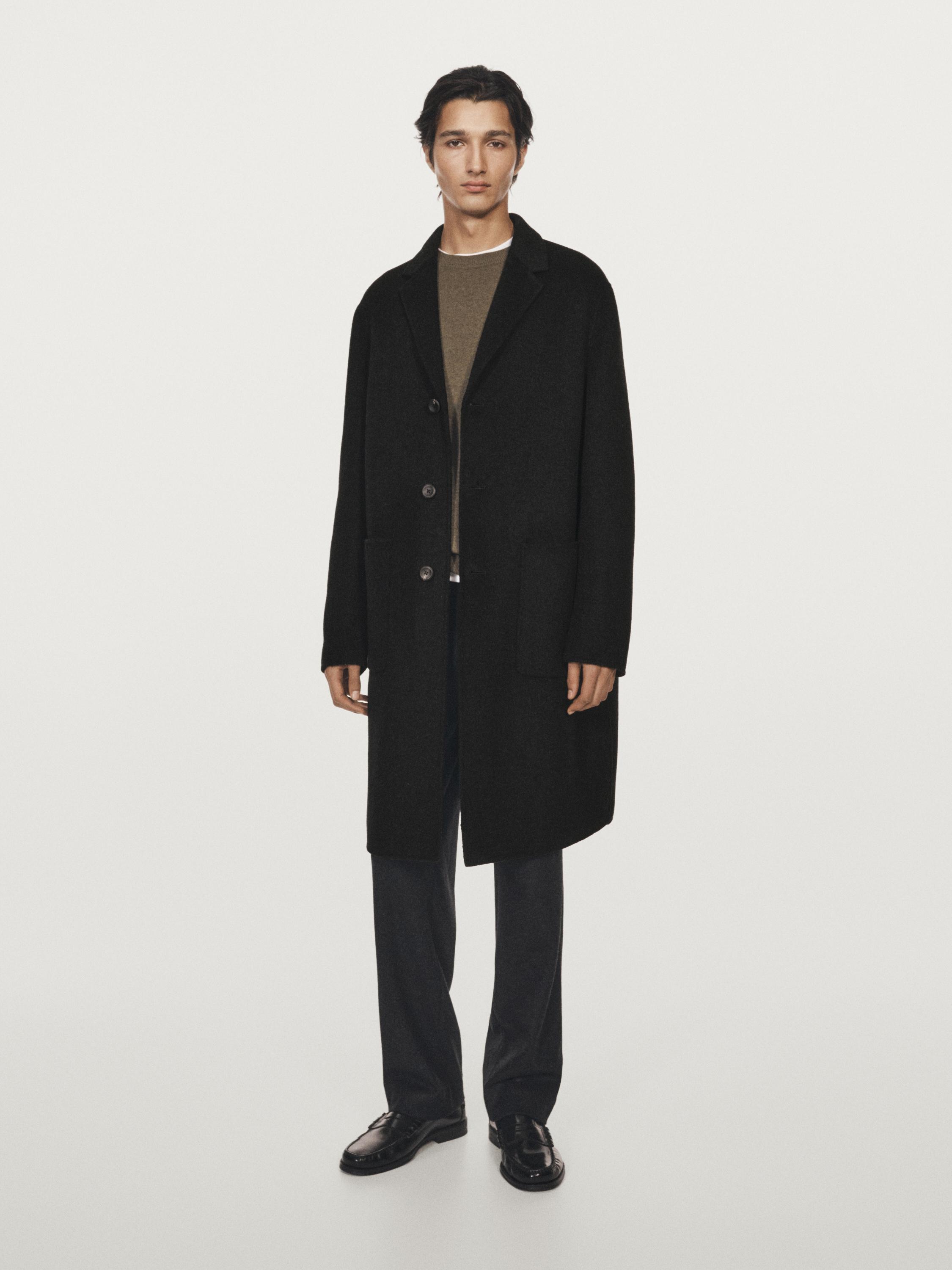 Long wool blend coat with lapel collar