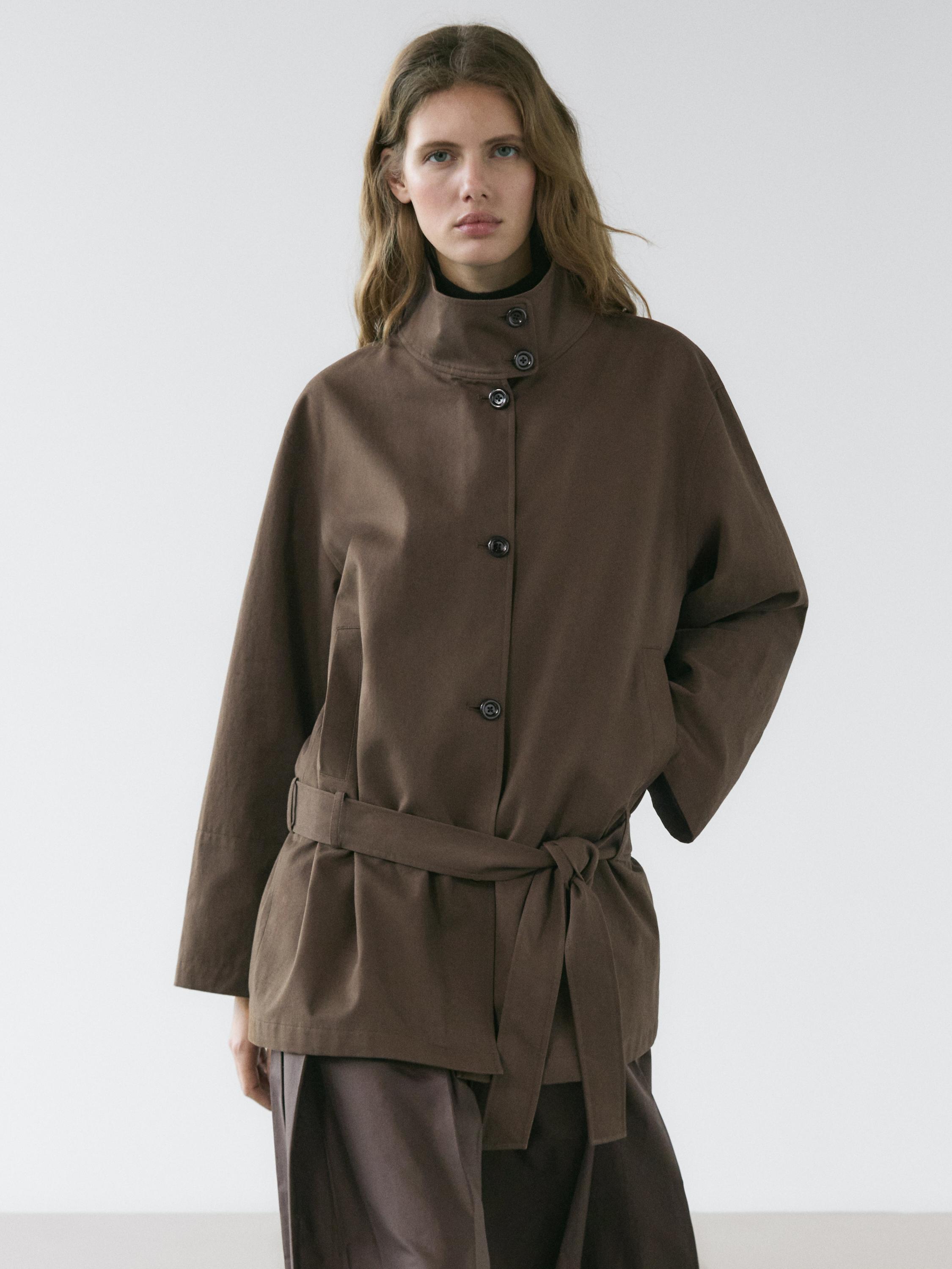 Mid-length trench coat with belt detail — Chocolate