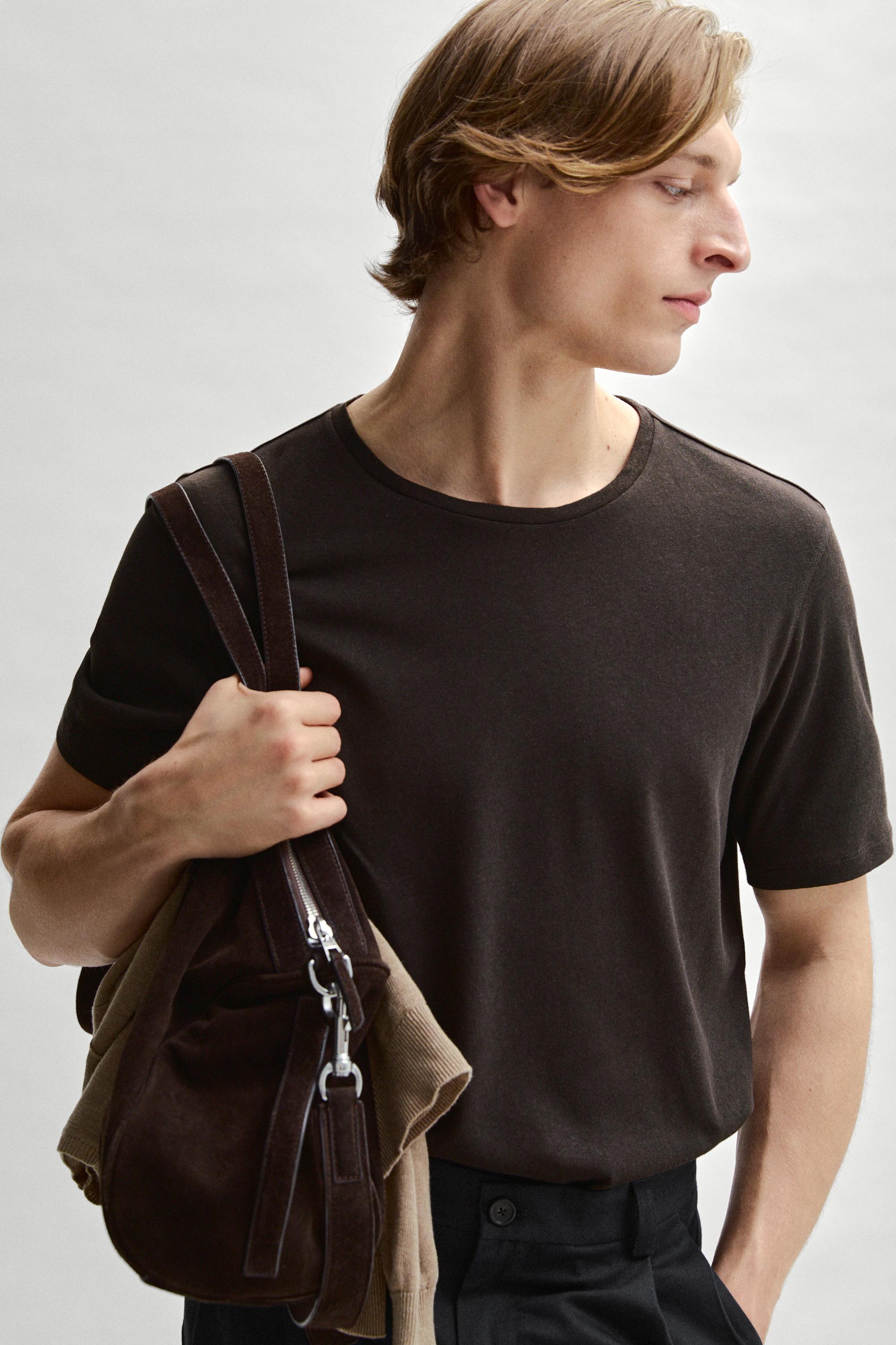 Short sleeve linen and cotton T-shirt — BROWN