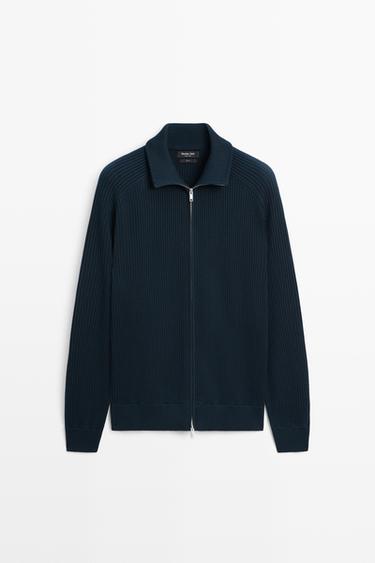 100% cotton ribbed knit cardigan — Dark Blue 2