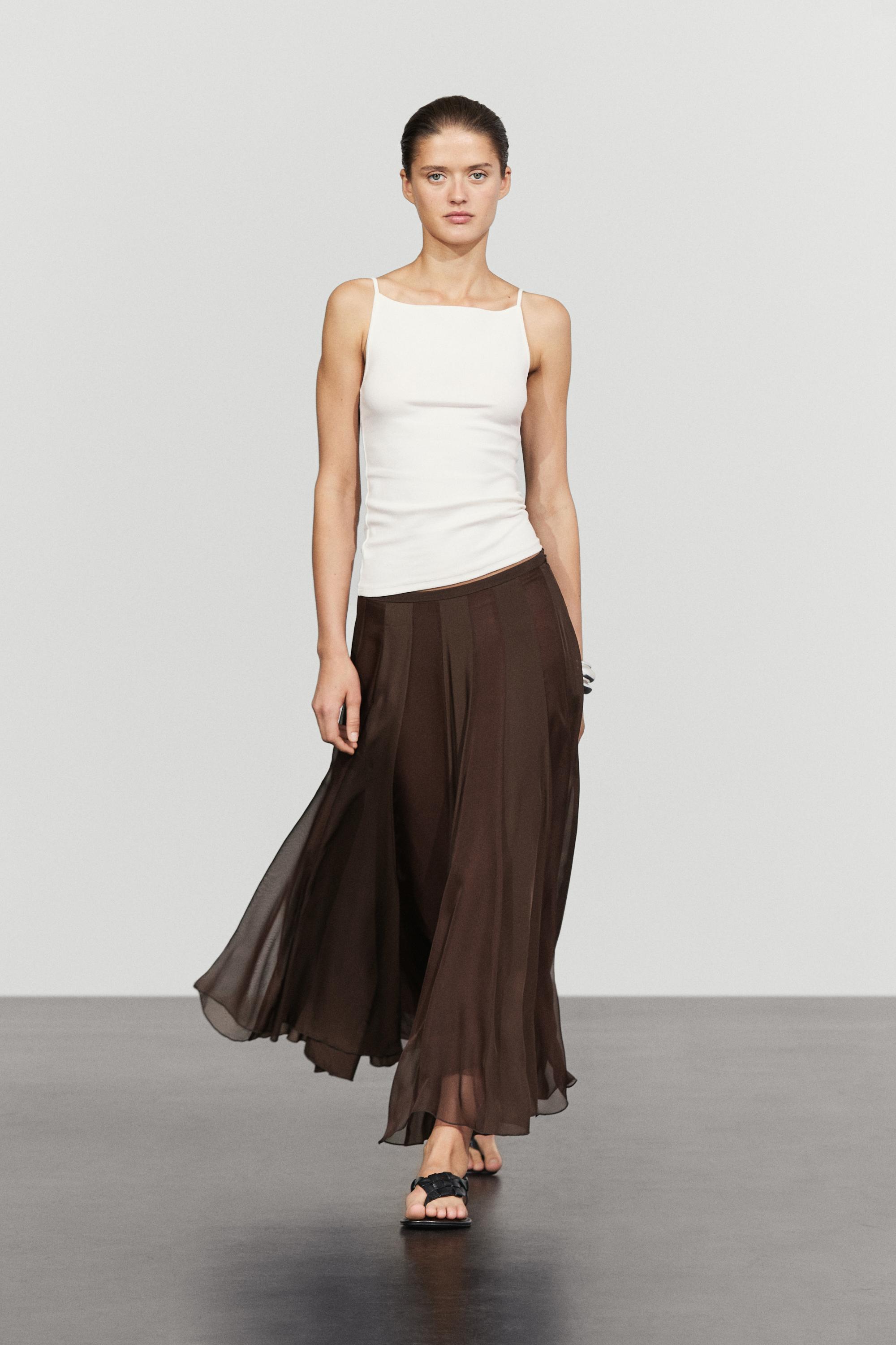 Gonna Midi Fluida Scampanata - Marrone - 40 (It 44) - Massimo Dutti - Female-image