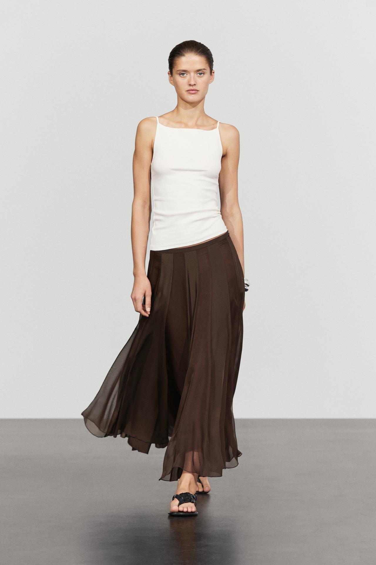 Flowing flared midi skirt — BROWN