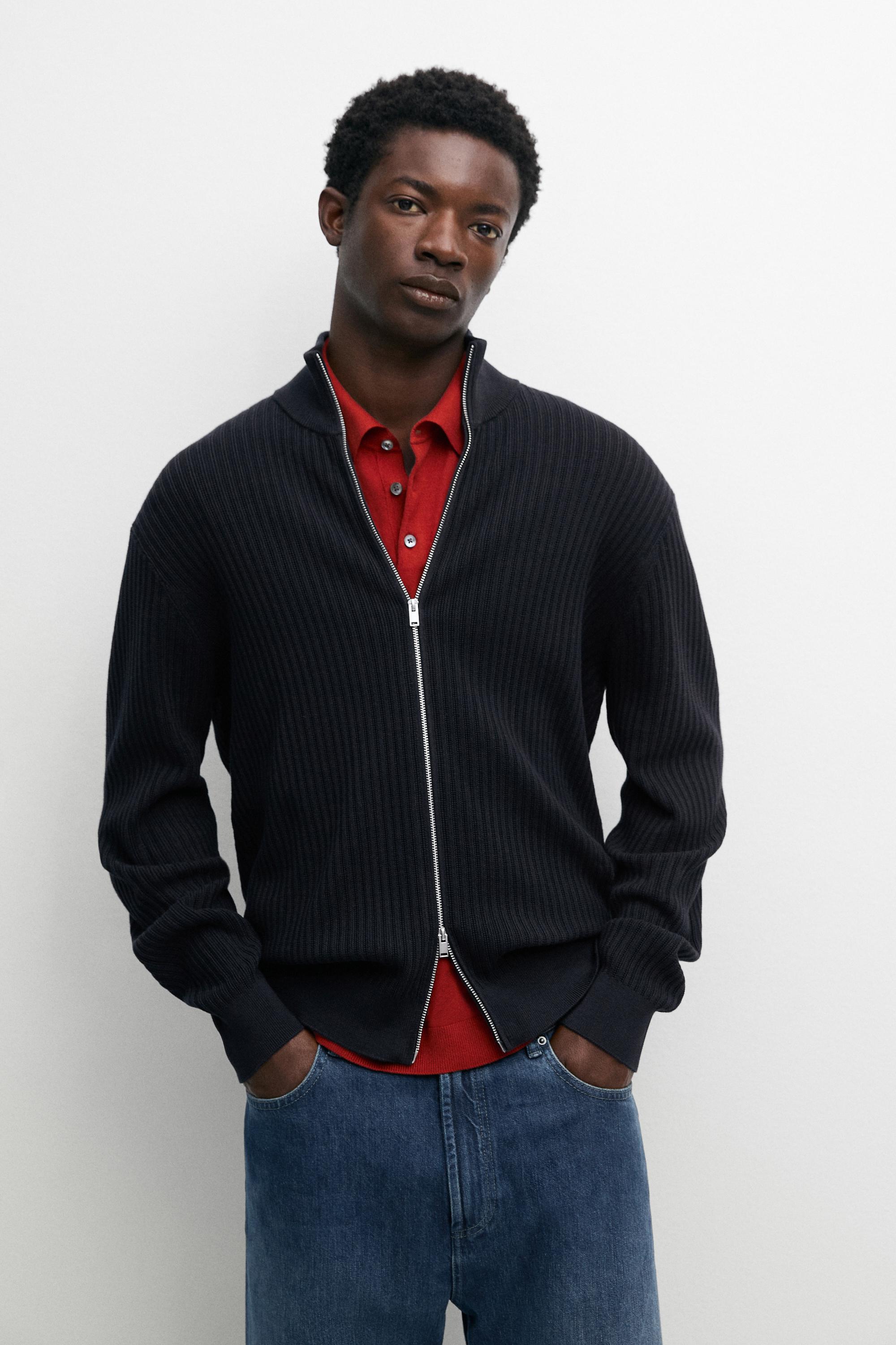 Cotton zip-up knit cardigan — NAVY BLUE