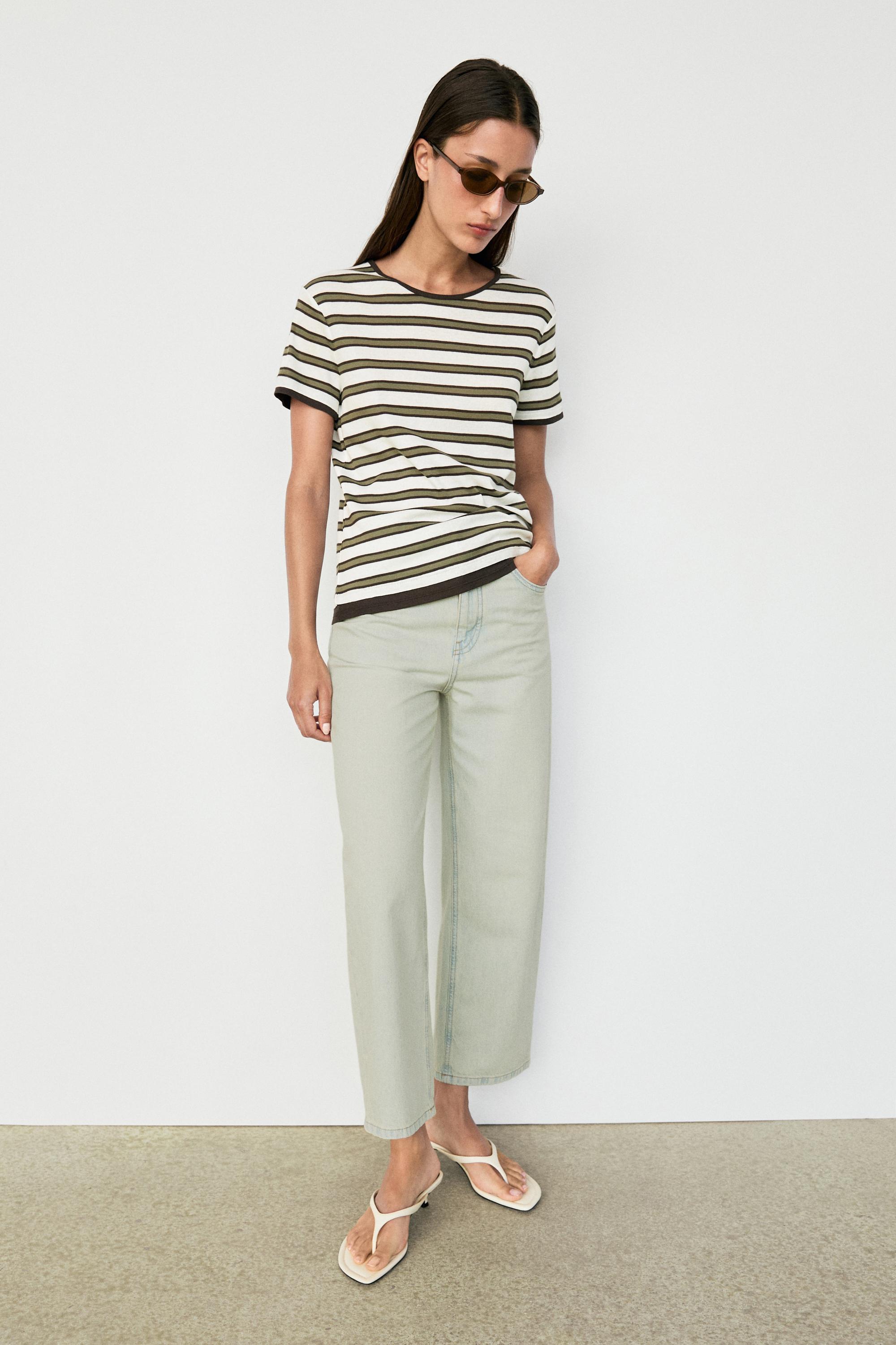 100% cotton short sleeve striped T-shirt — KHAKI