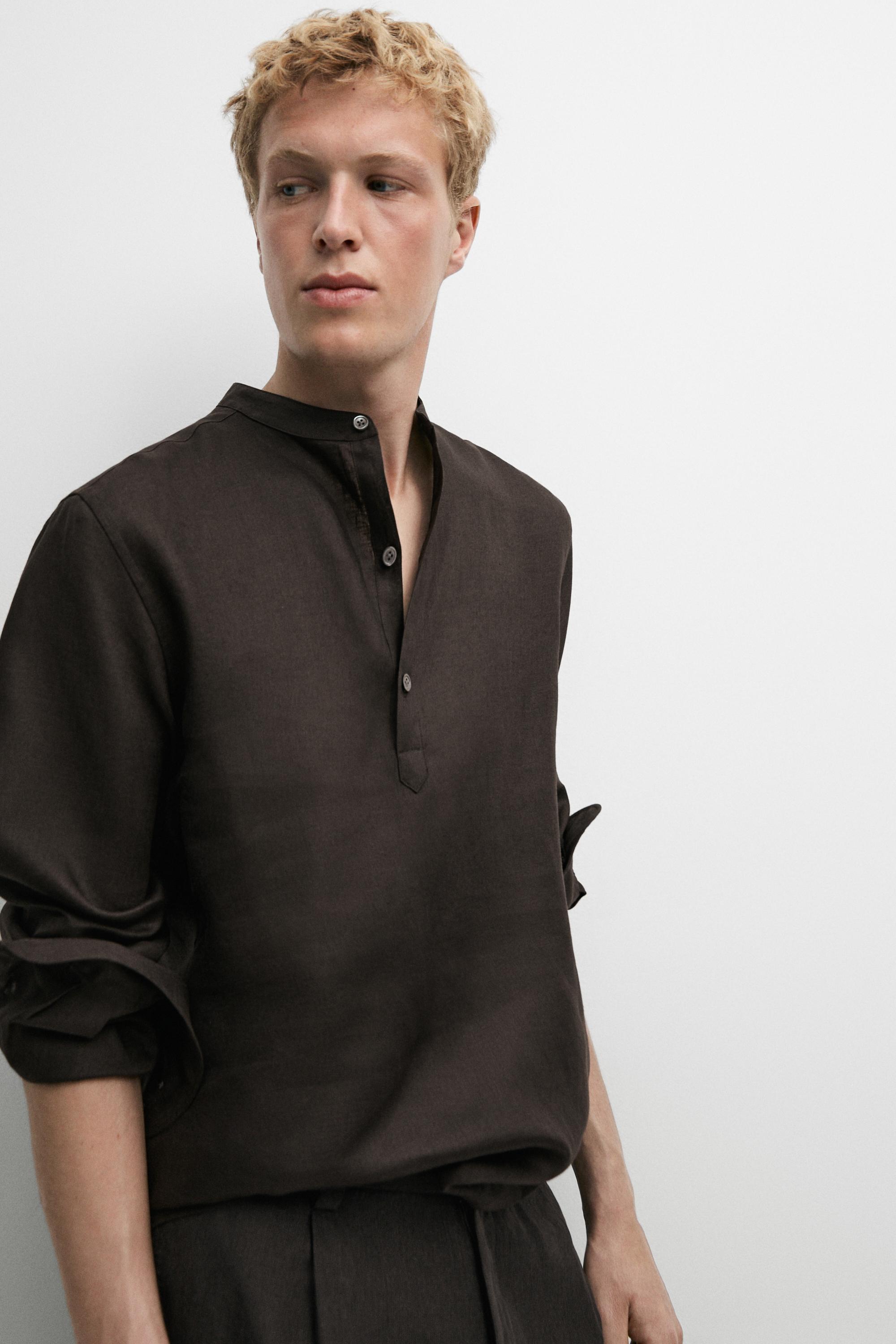 Regular fit stand collar 100% linen shirt — Chocolate