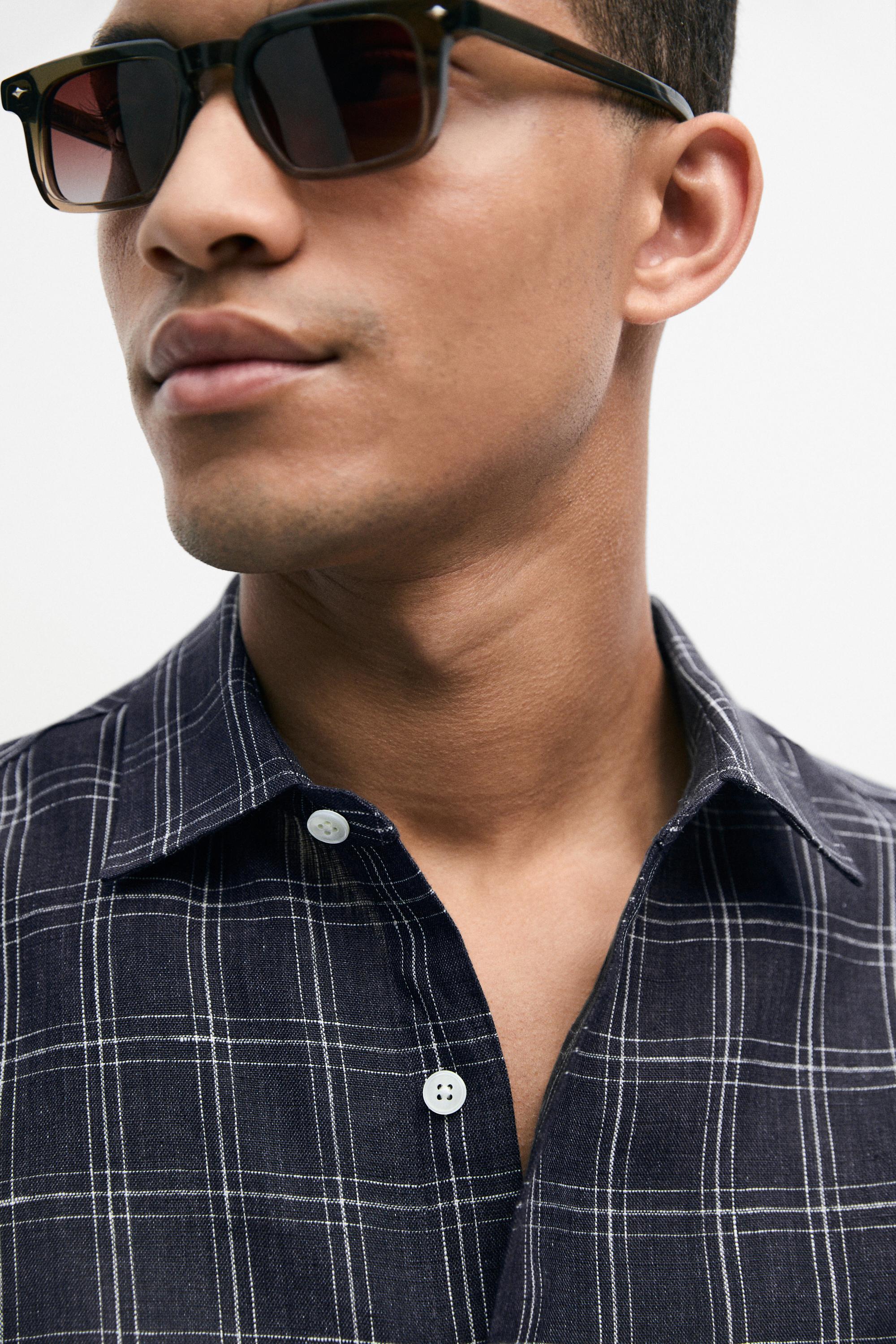 100% linen regular fit check shirt — DARK BLUE