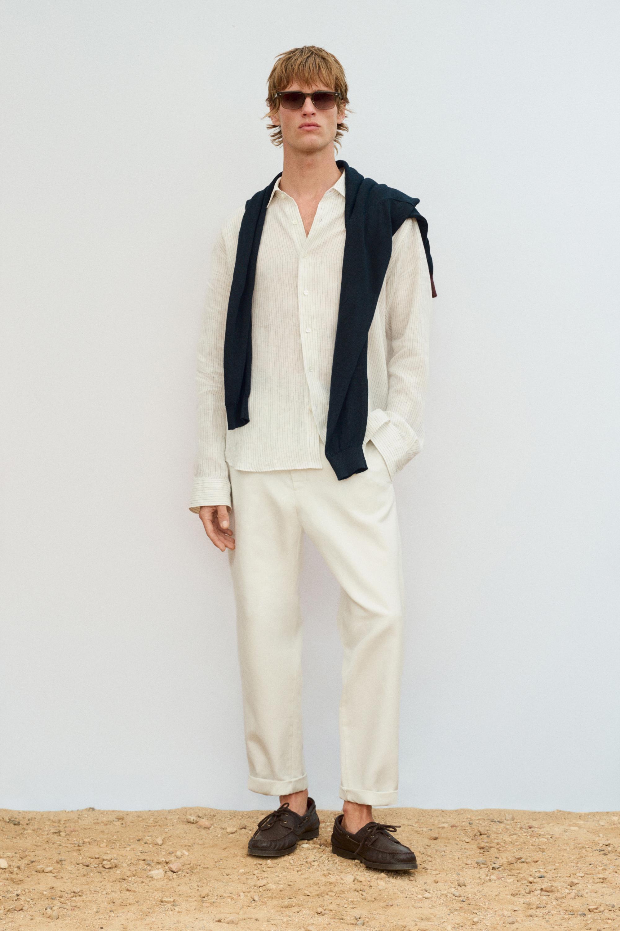 Cotton and linen tapered fit trousers — Off white
