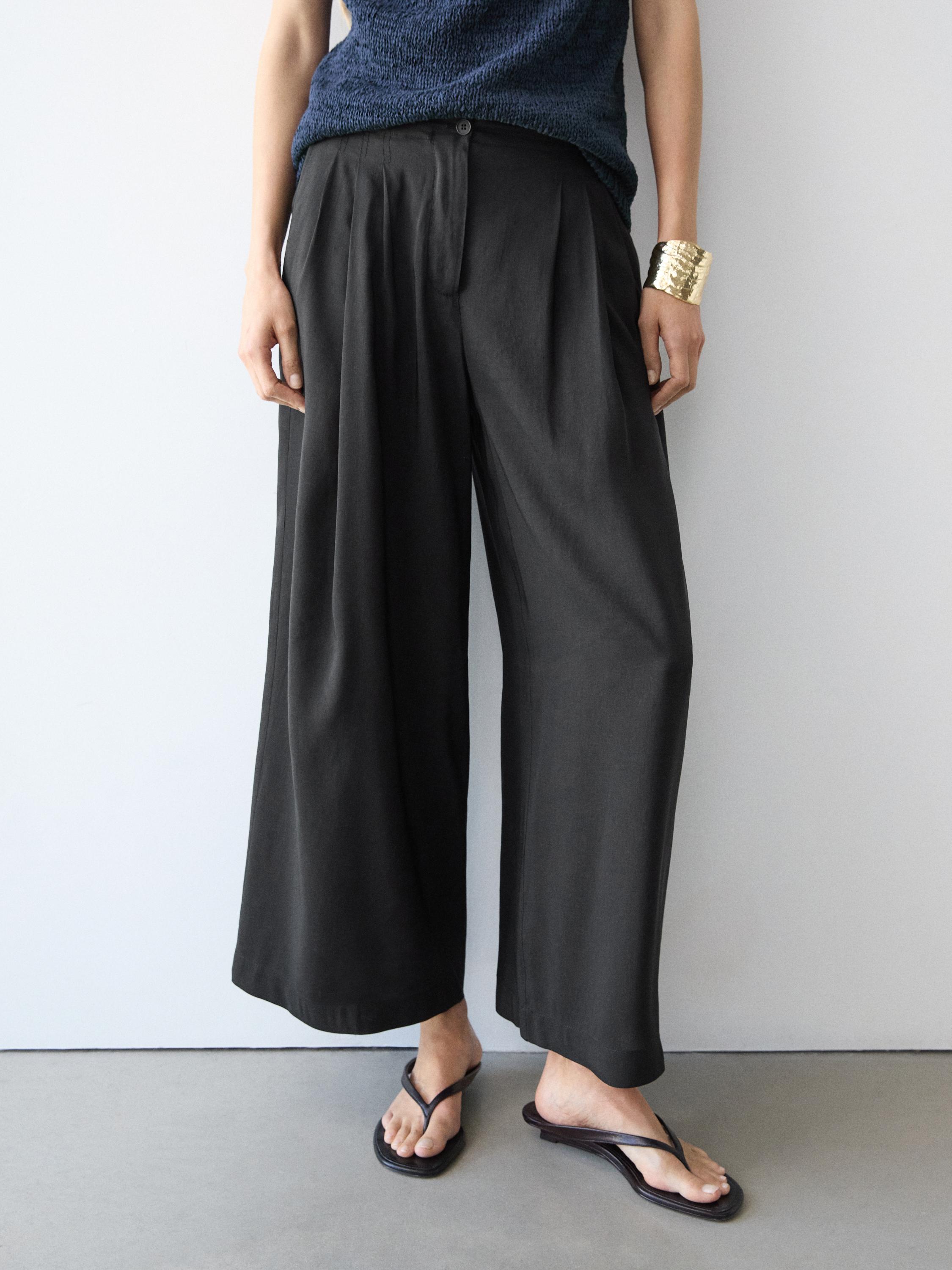 Flowing linen blend trousers — BLACK