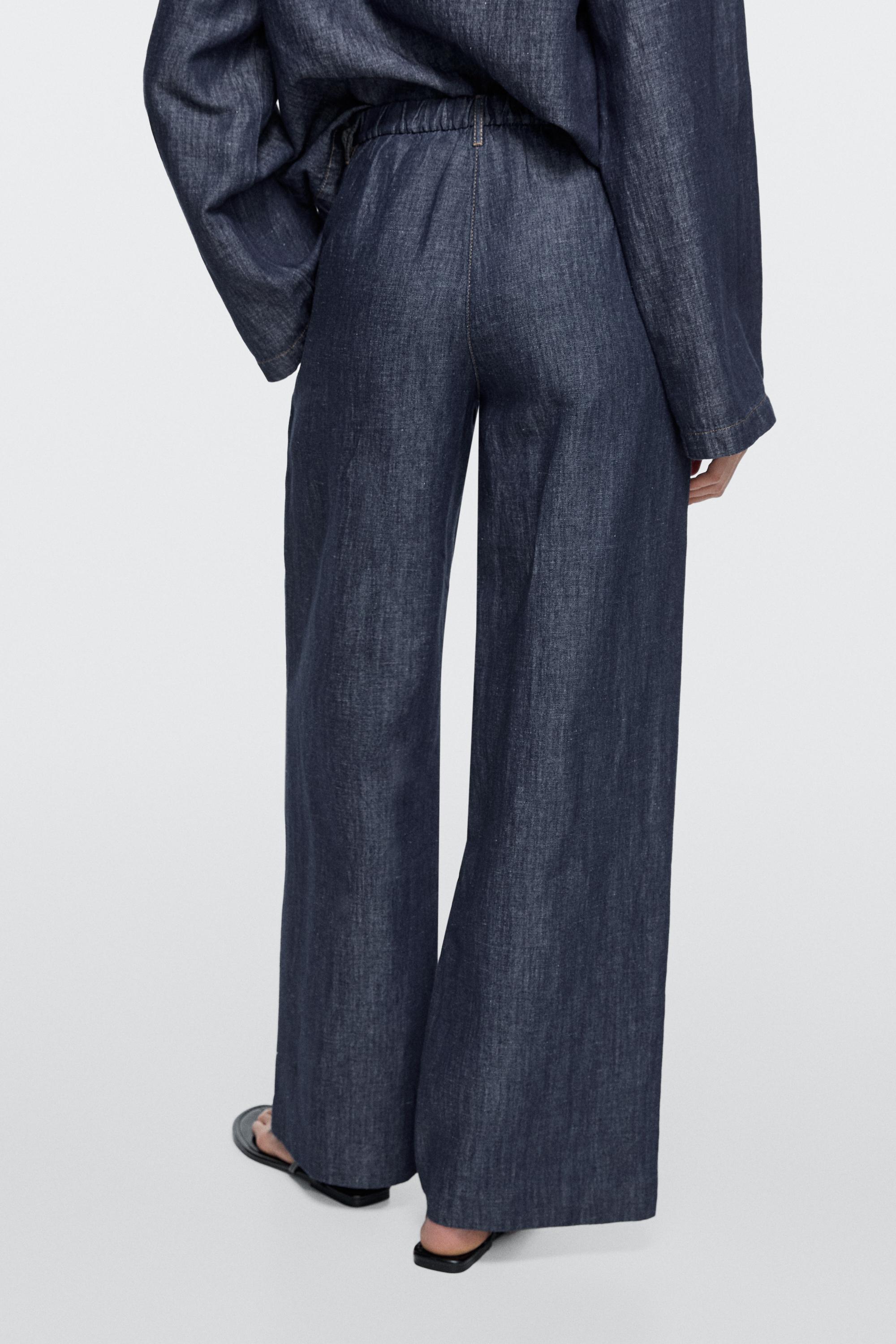 Total look linen blend wide-leg jeans — DARK BLUE