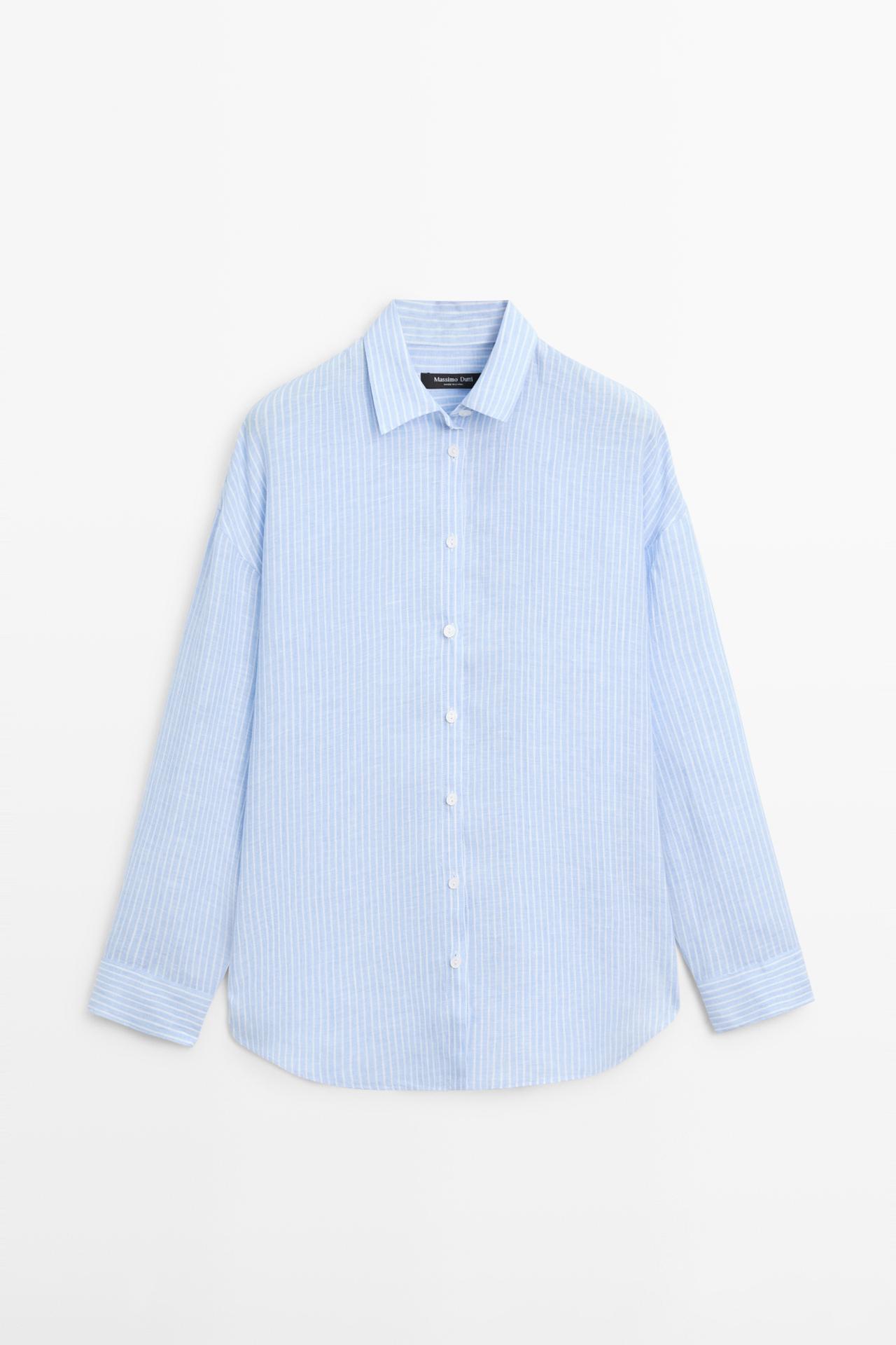 Flowing striped 100% linen shirt — SKY BLUE
