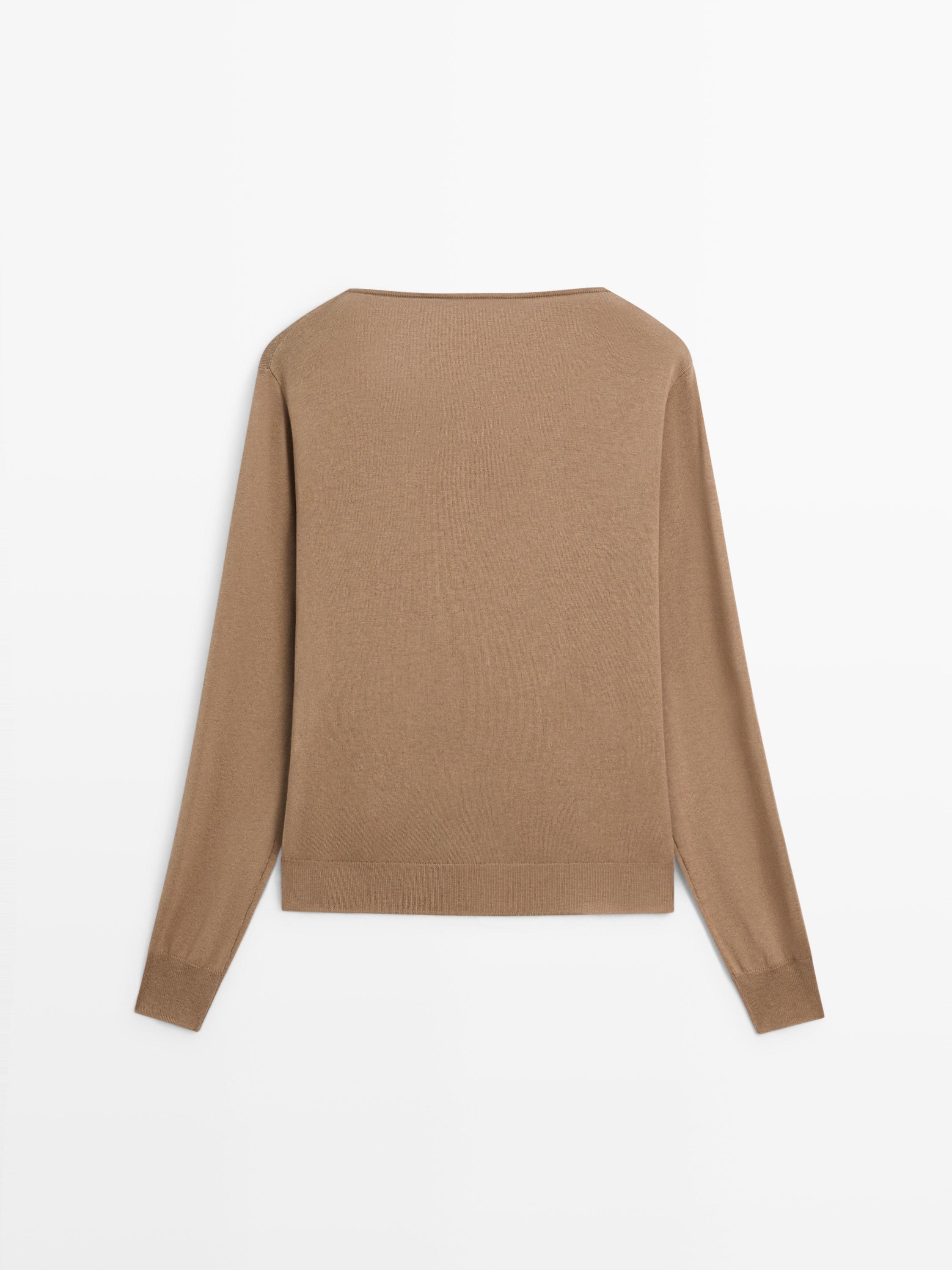 Draped neckline cotton sweater — CAMEL