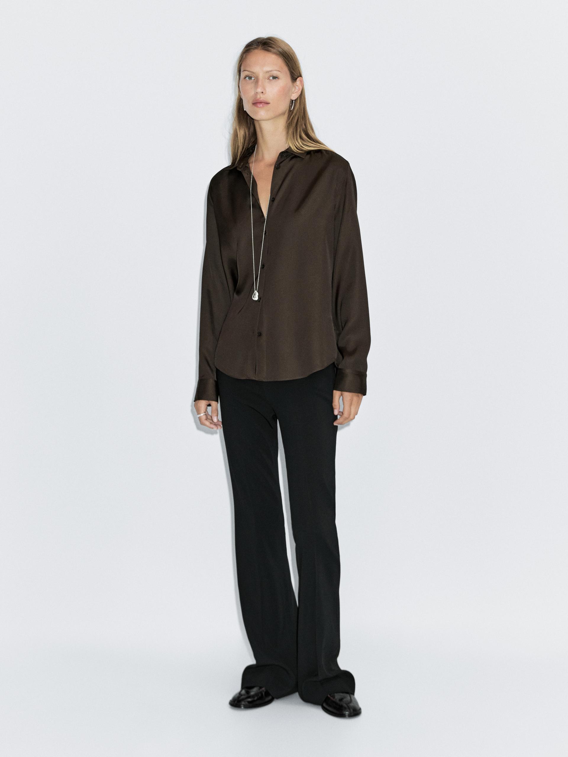 Chemisier Fluide Satiné - Marron - S - Massimo Dutti - Femme