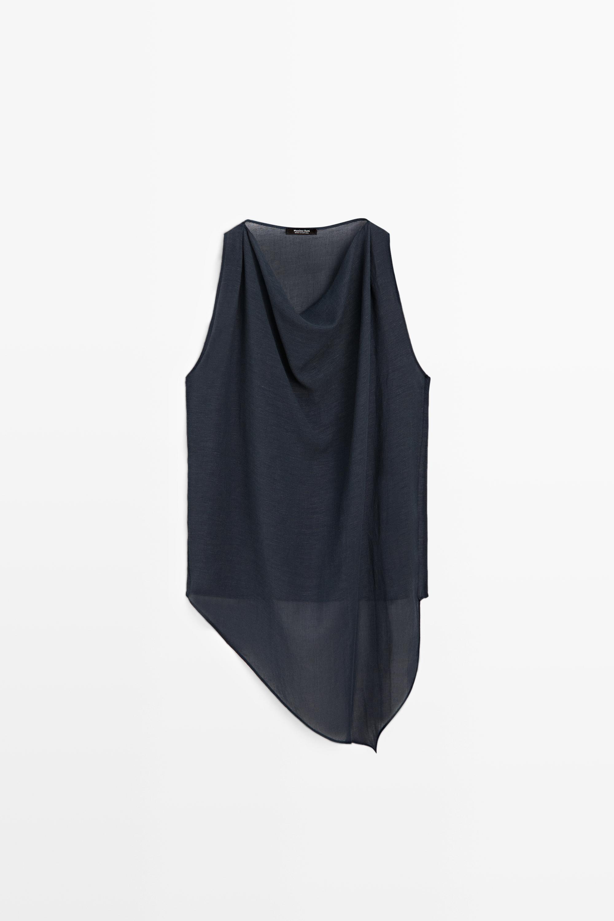 Asymmetric linen blend top — DARK BLUE