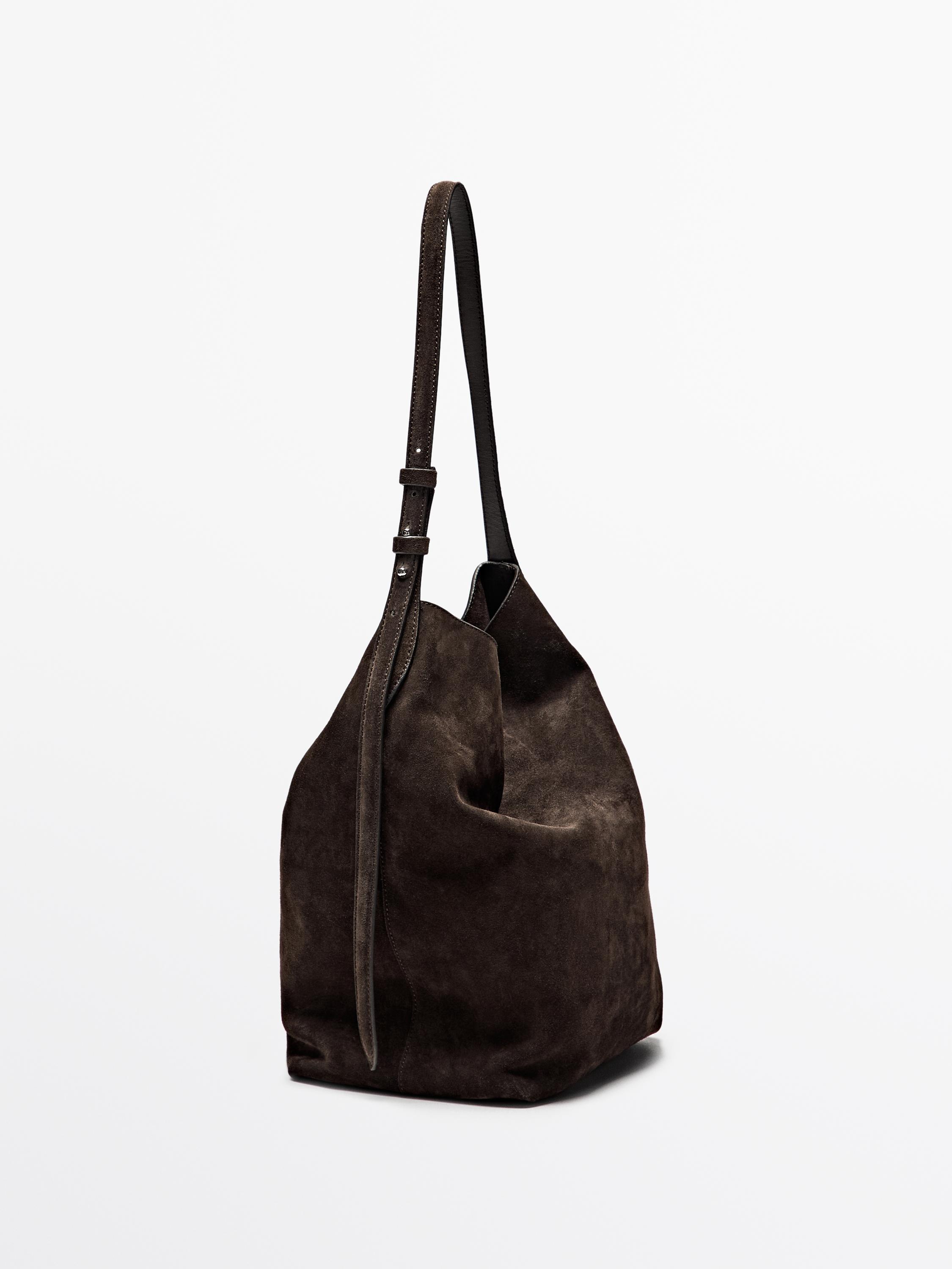 Split suede leather bucket bag — BROWN