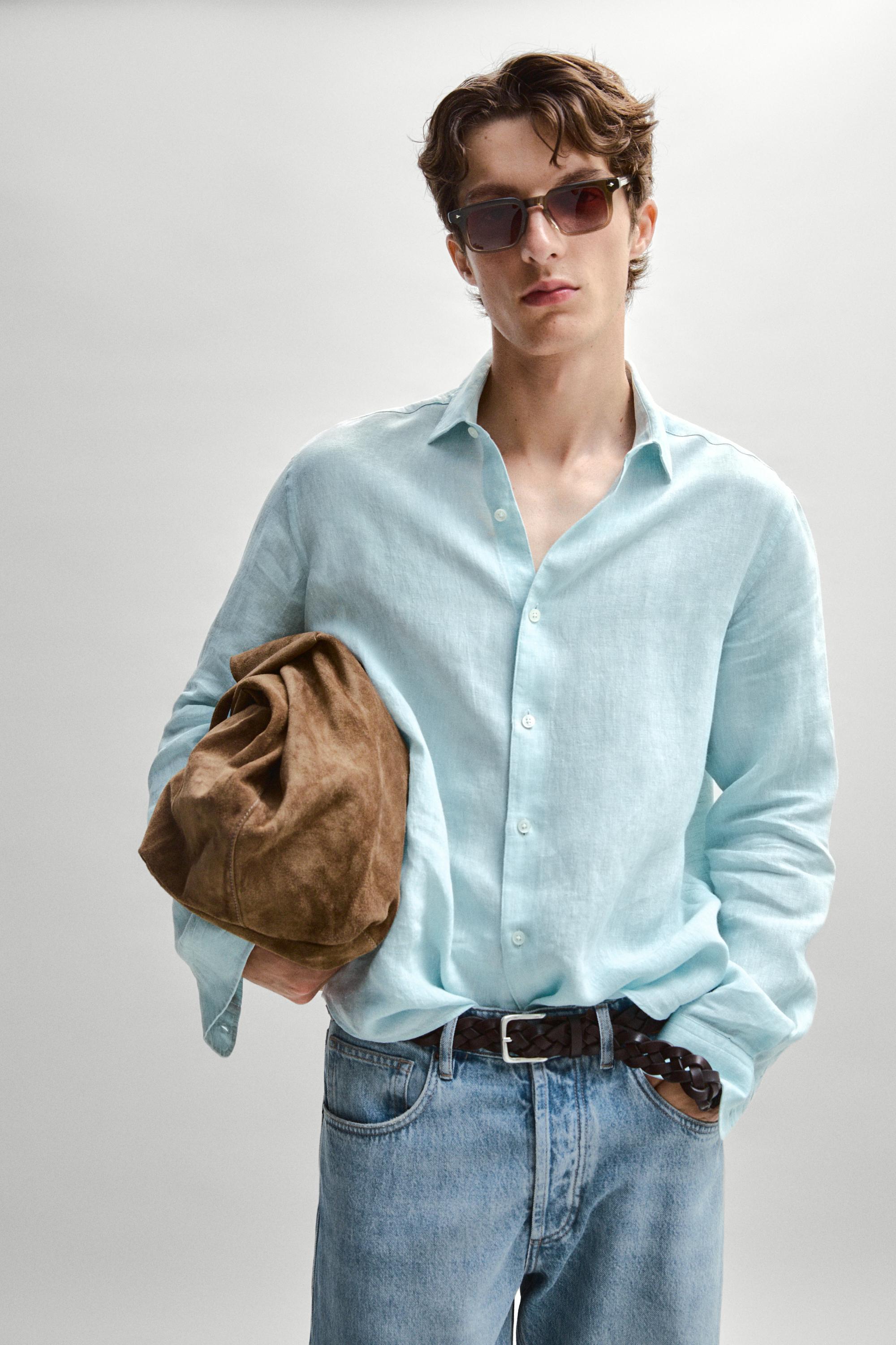 100% linen regular fit shirt — TURQUOISE