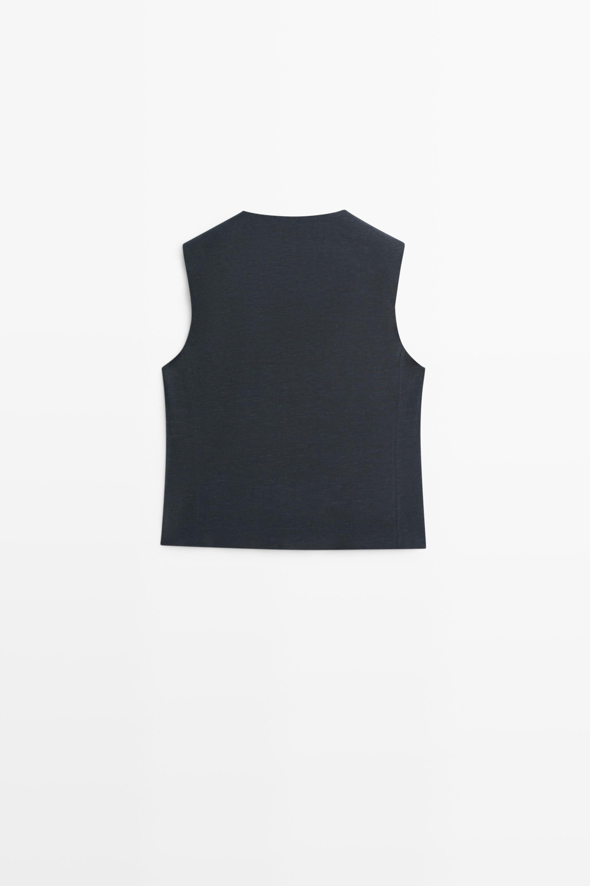 Linen blend asymmetric button-up vest — NAVY BLUE