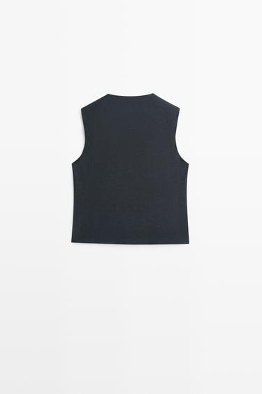 Linen blend asymmetric button-up vest — NAVY BLUE 6