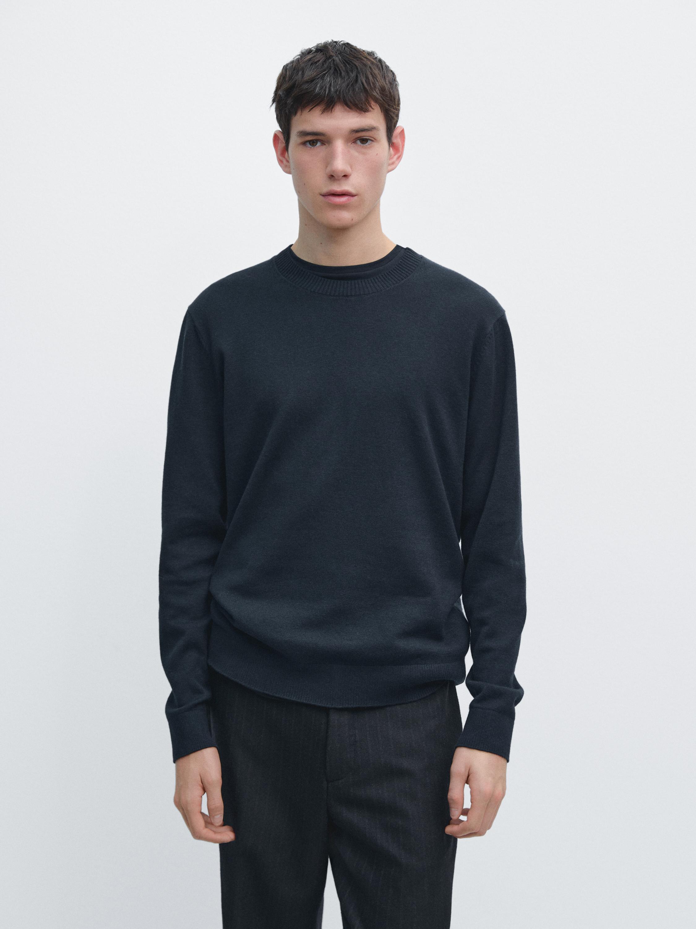 Knit cotton and wool sweater with crew neck — NAVY BLUE