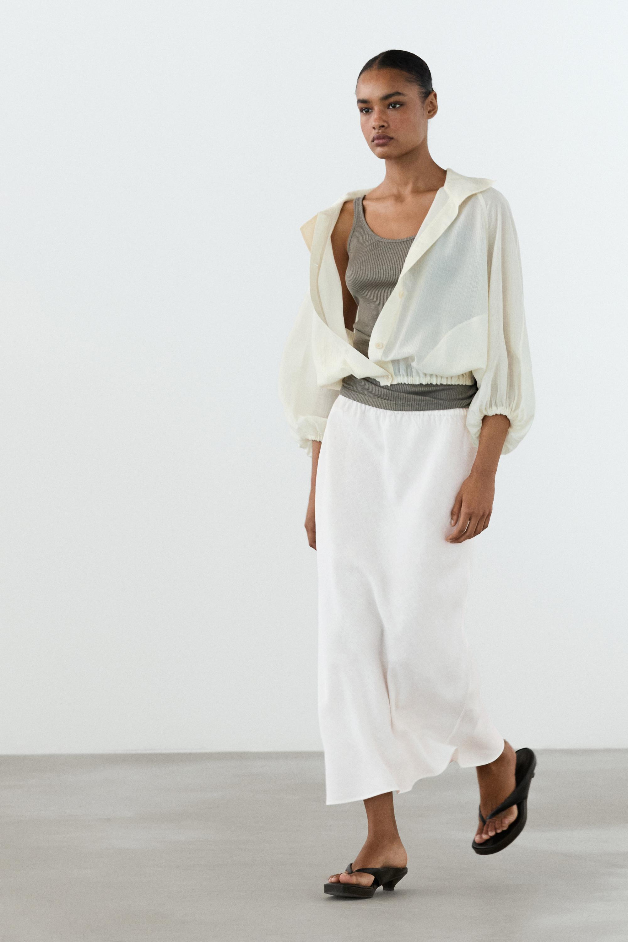 Midi krilo z elastičnim pasom iz 100% lanu