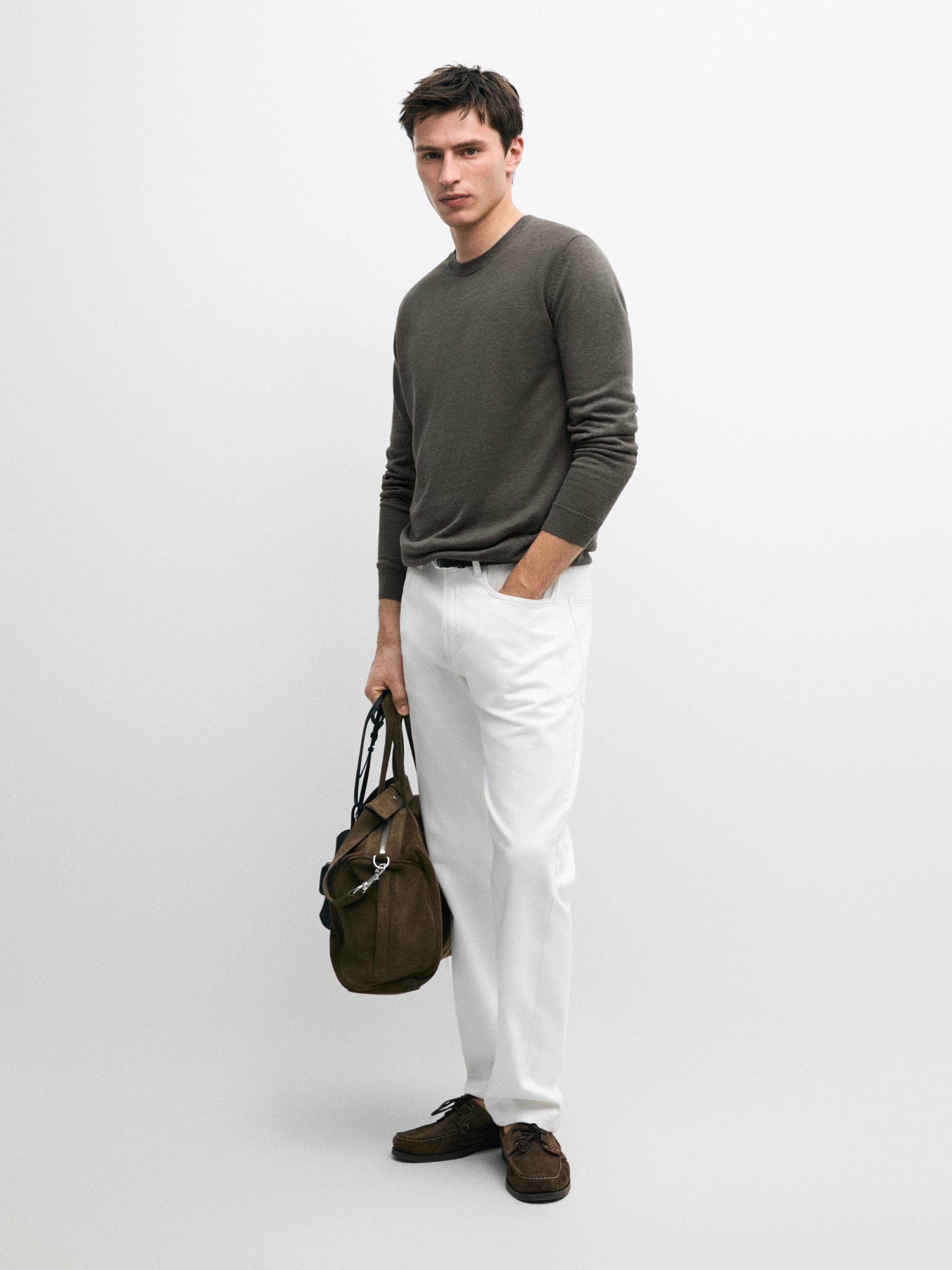 100% linen knit crew neck sweater — Powder