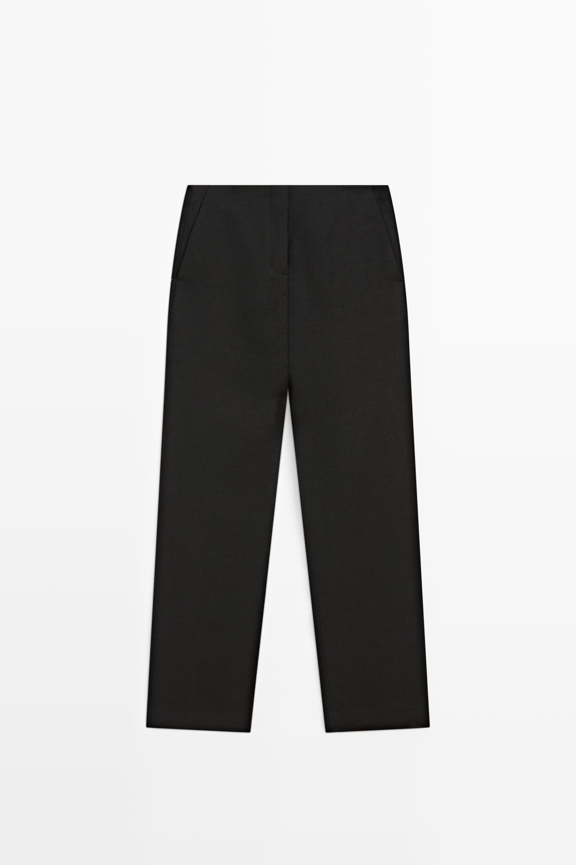 Flowing straight-leg linen trousers — BLACK