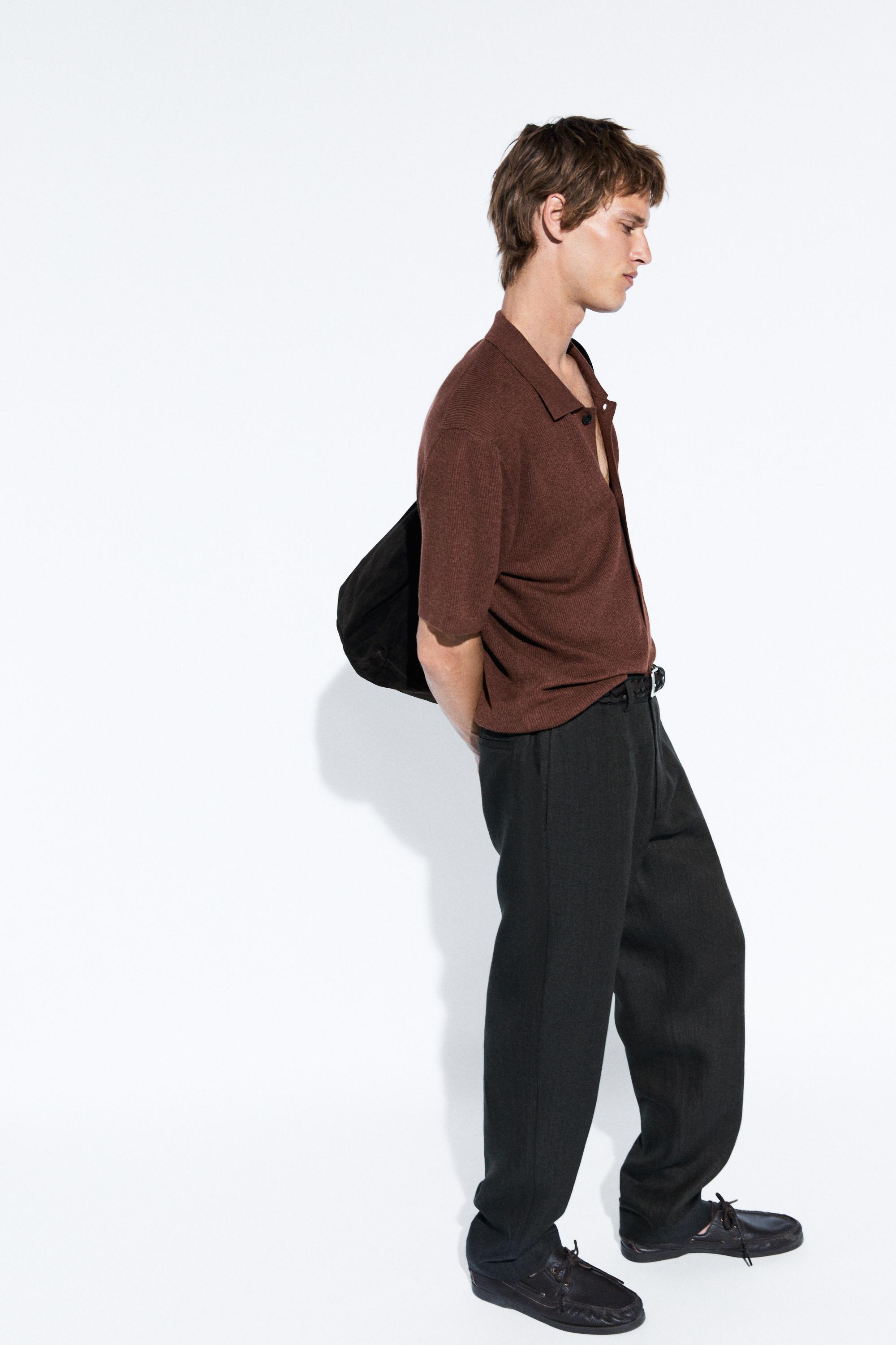 Linen blend knit shirt-collar polo — TERRA COTA