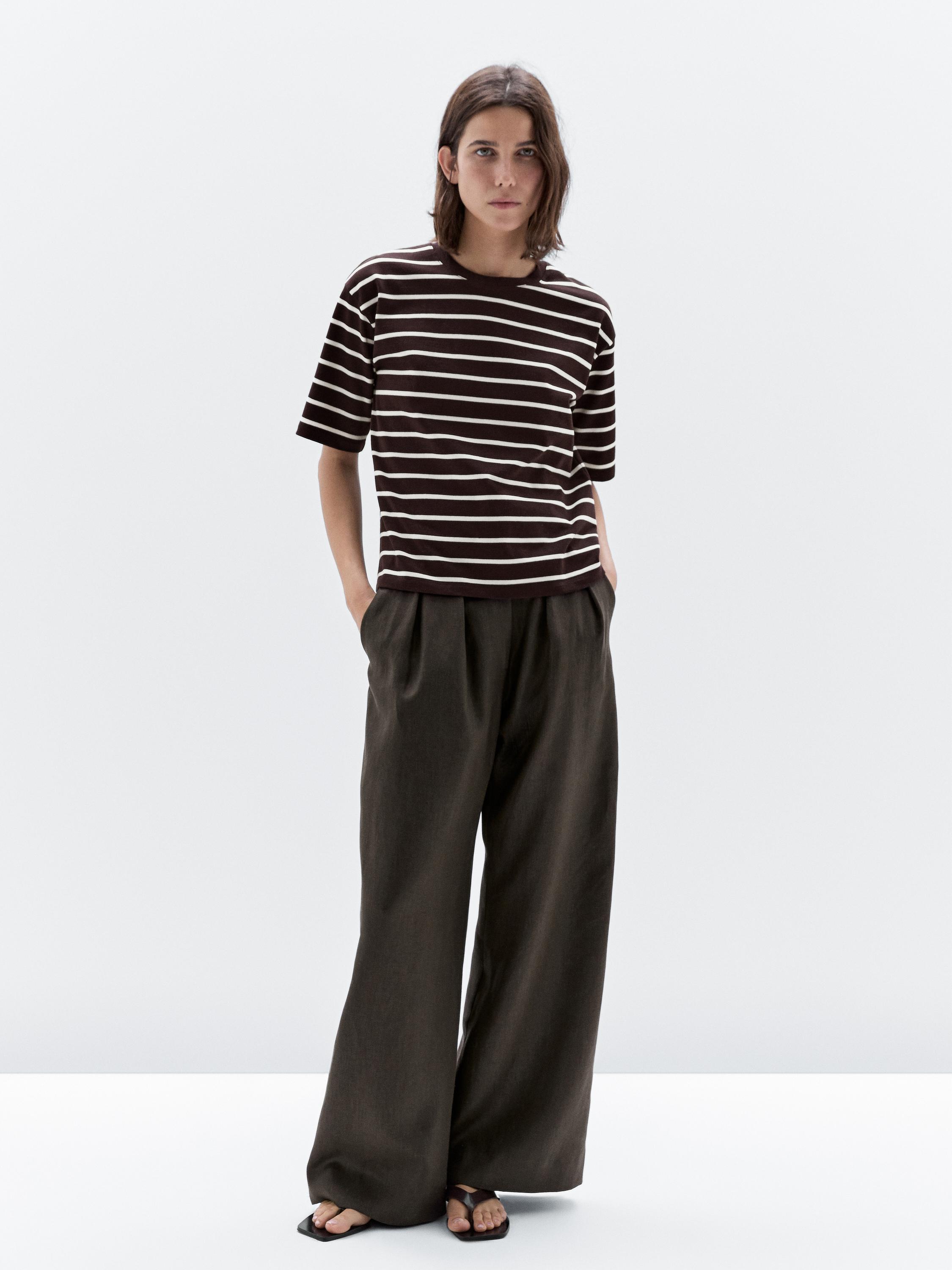 Striped 100% cotton T-shirt · Brown · Circular Massimo Dutti