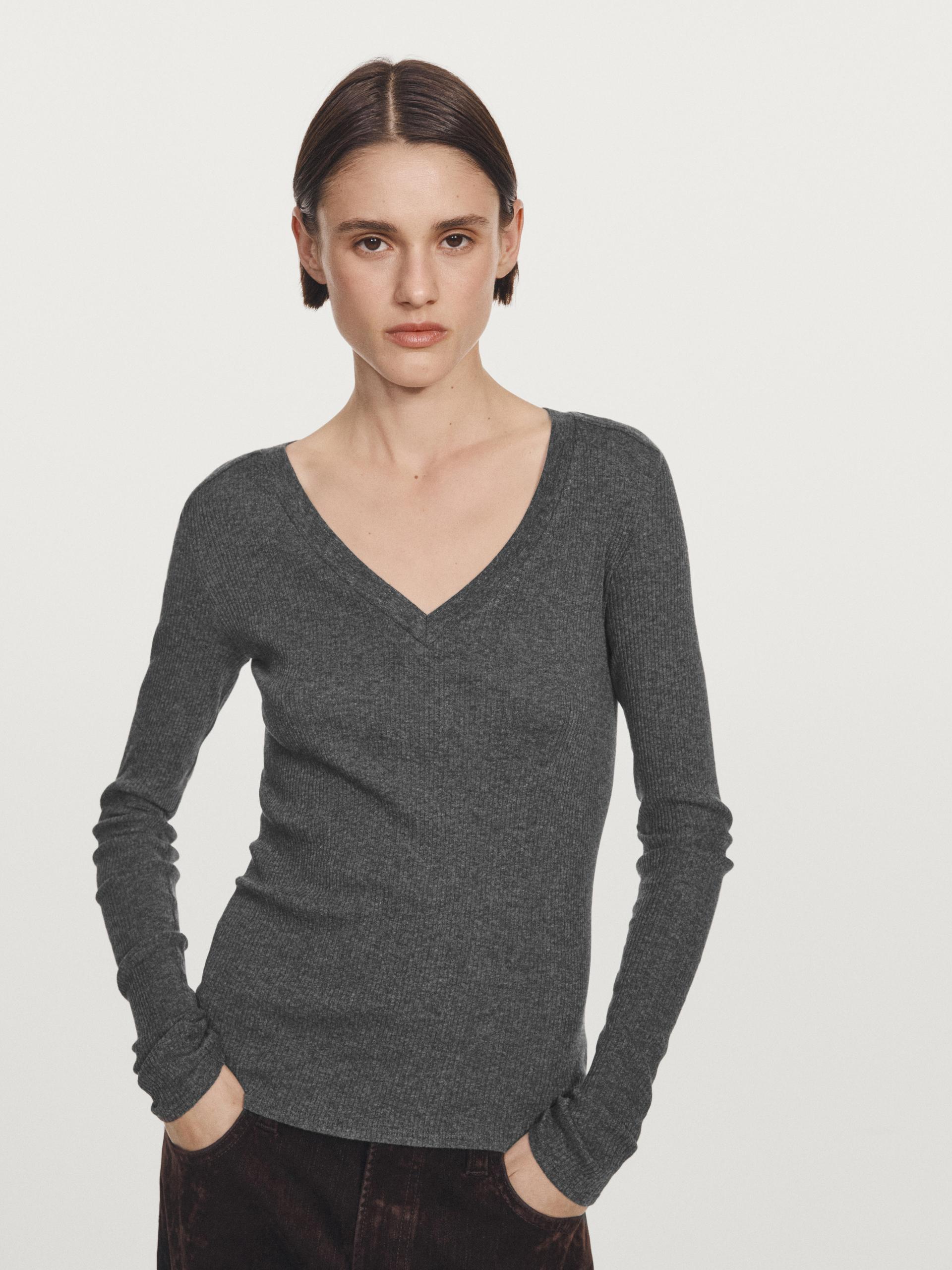 Camiseta Canalé Cuello Pico Manga Larga - Gris Antracita - S - Massimo Dutti - Mujer
