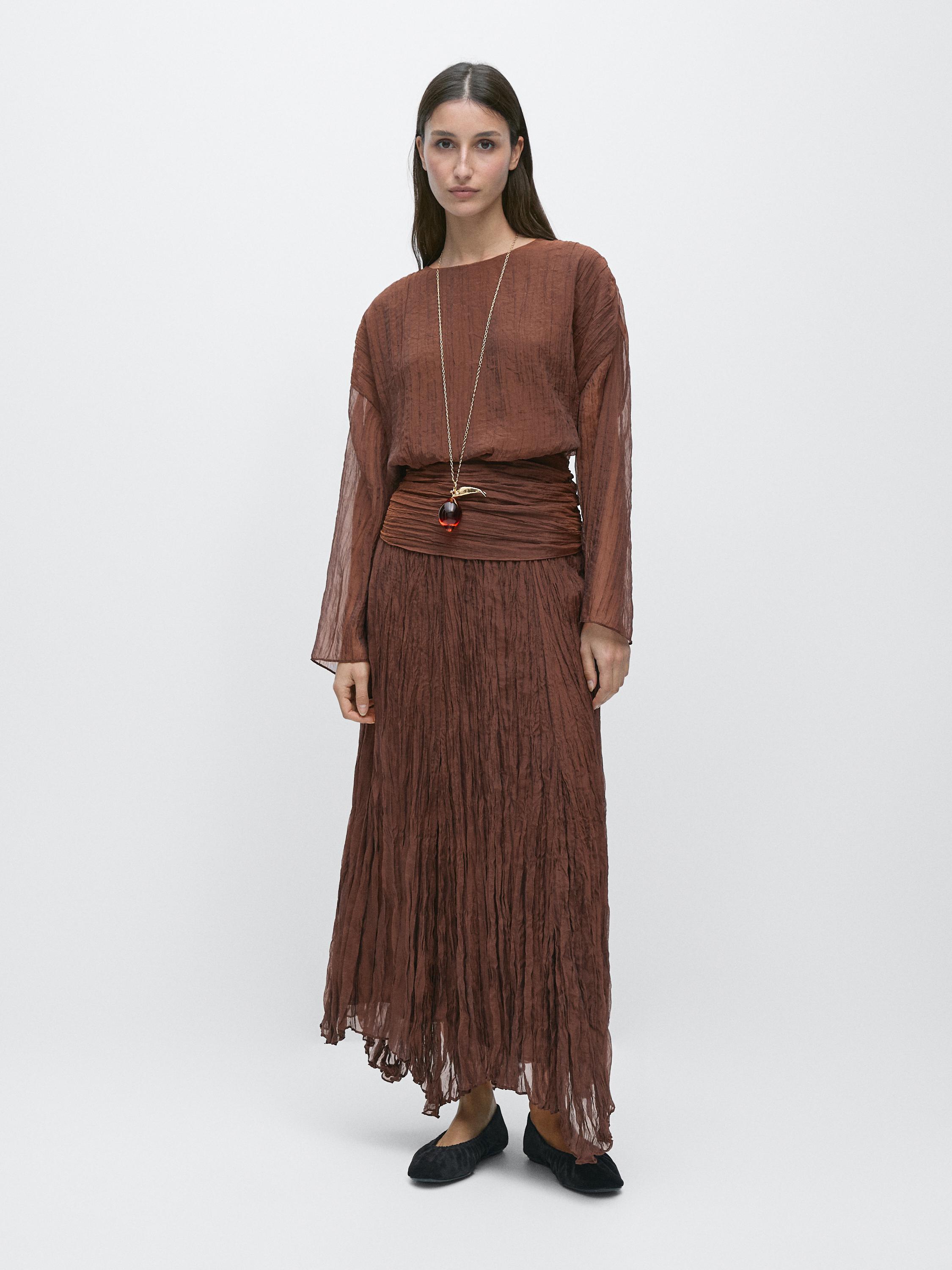 Pleated organza midi skirt — Caramel