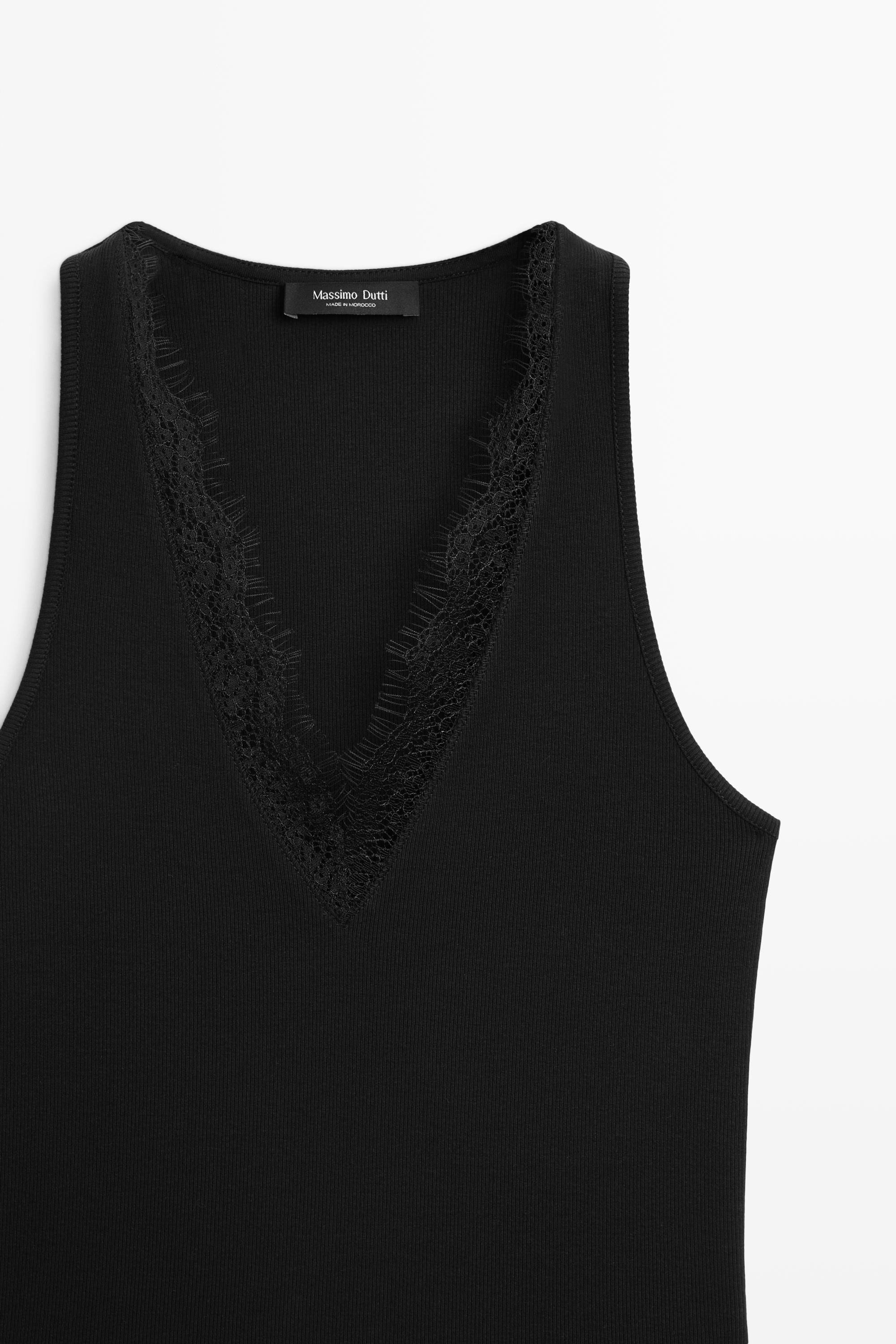 V-neck lace trim camisole top — BLACK