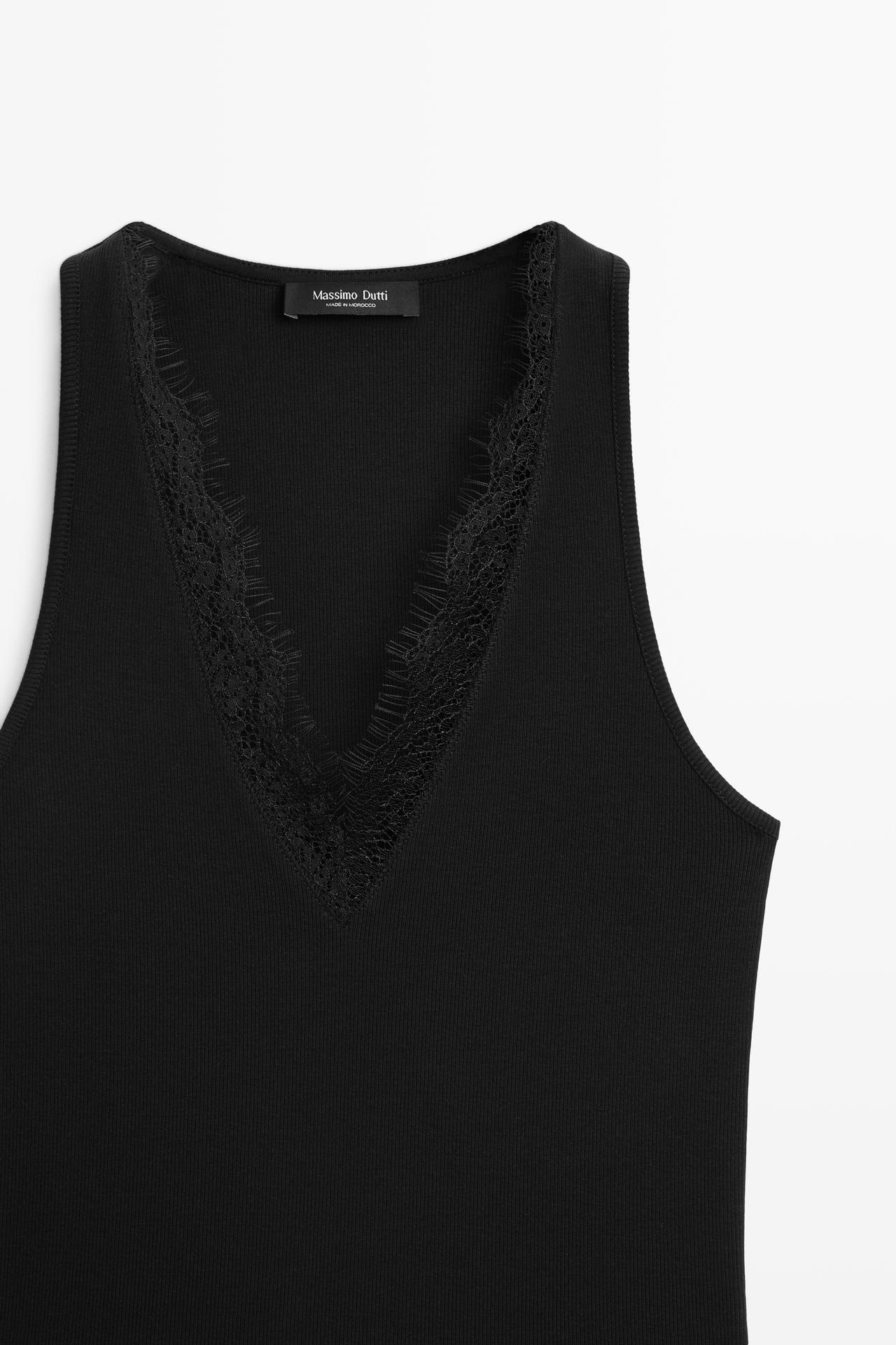 V-neck lace trim camisole top — BLACK
