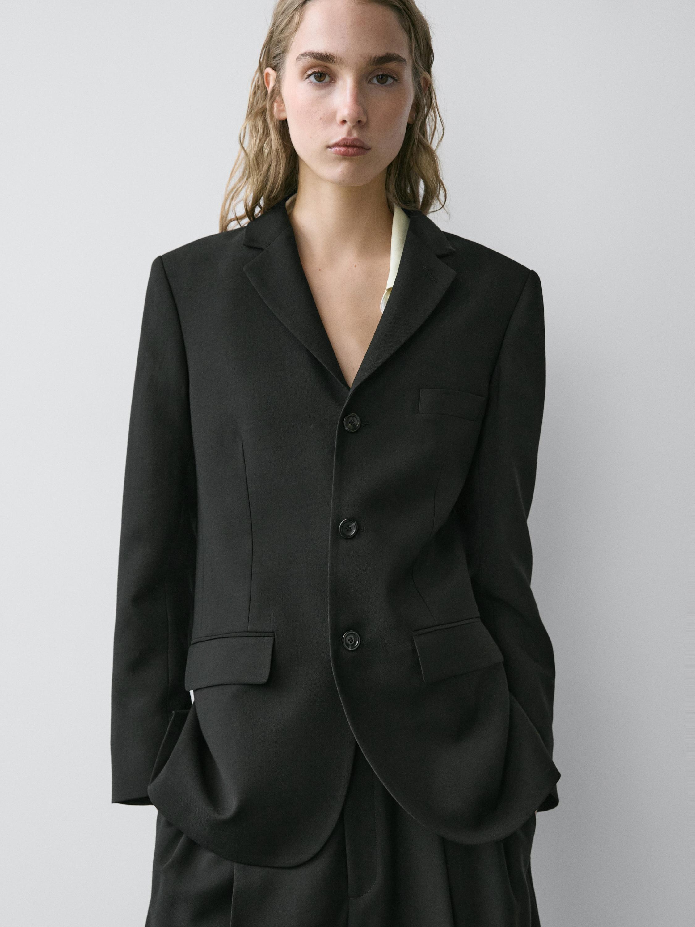 100% wool three-button blazer — BLACK